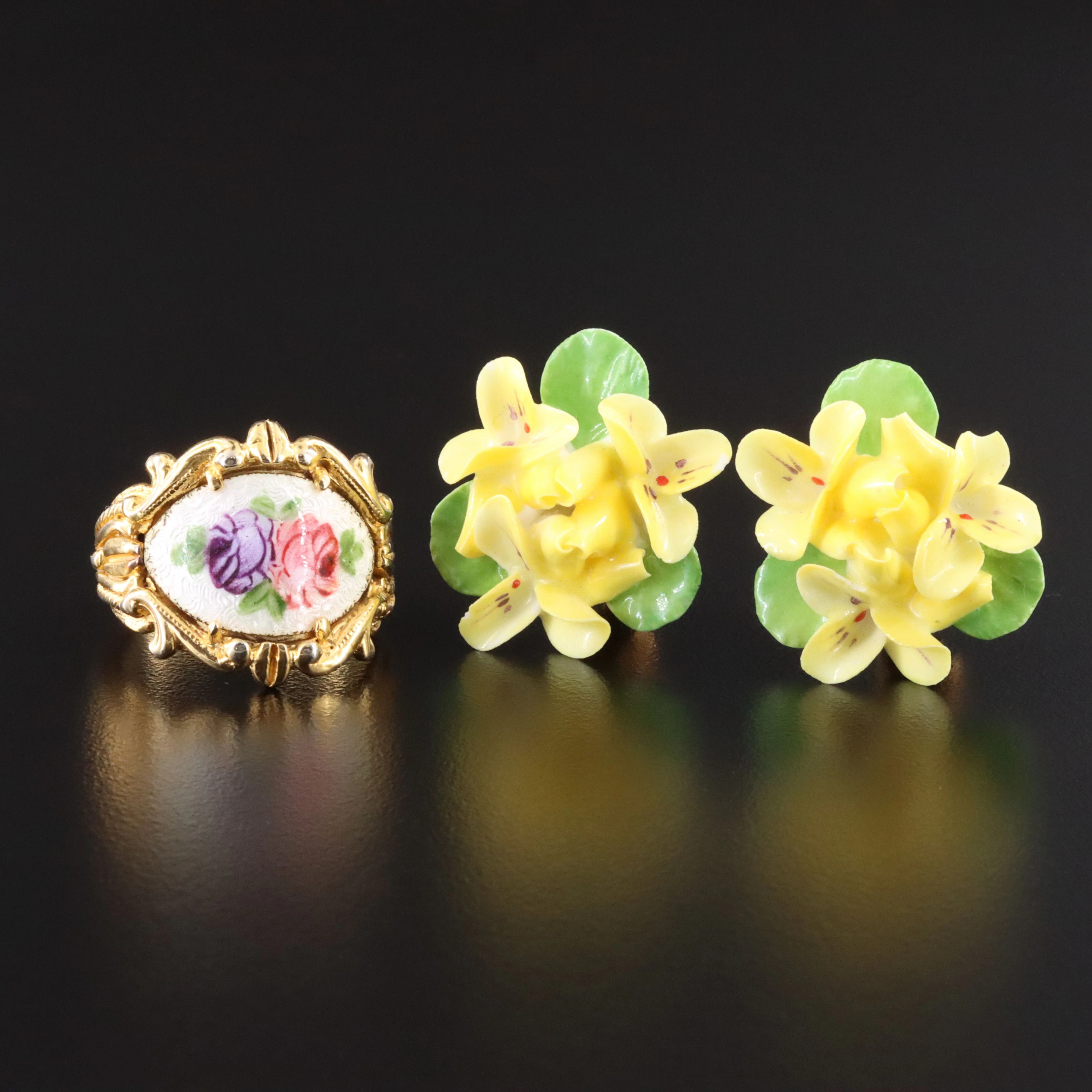 Floral Enamel Ring and English Ceramic Flower Earrings