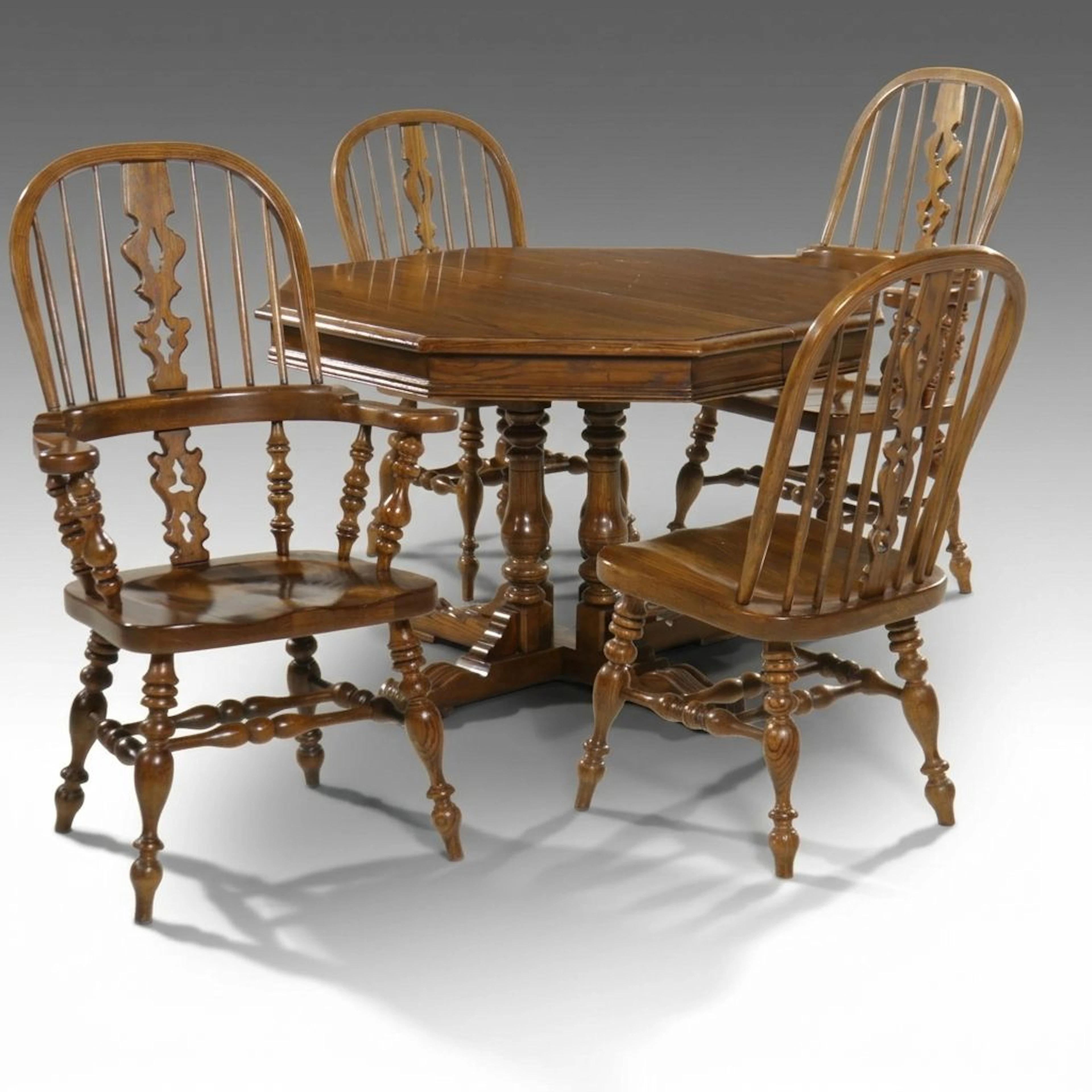 Ethan Allen Oak Octagonal Dining Table with Four Windsor Style Chairs