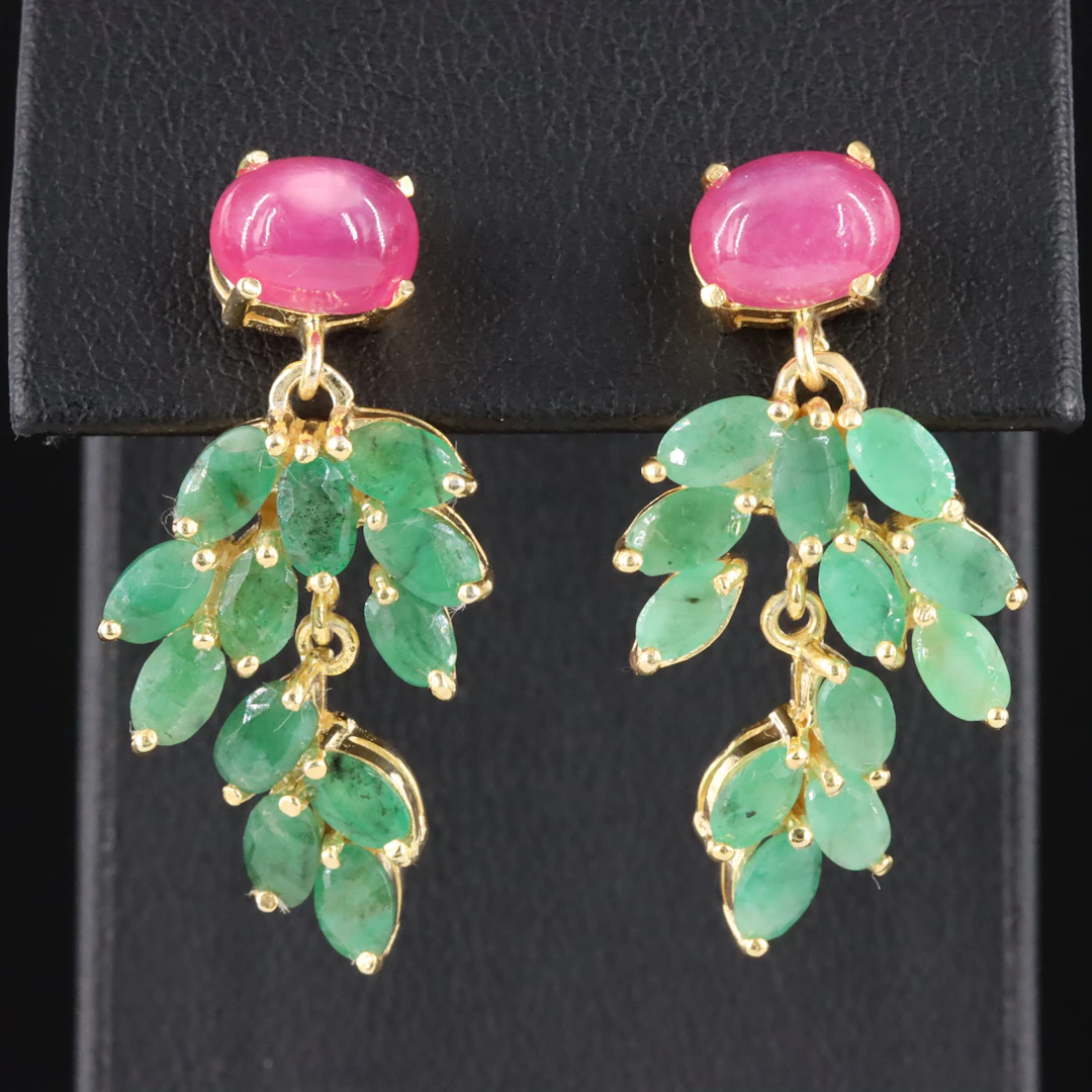 Sterling Filled Corundum and Emerald Gold-Tone Earrings