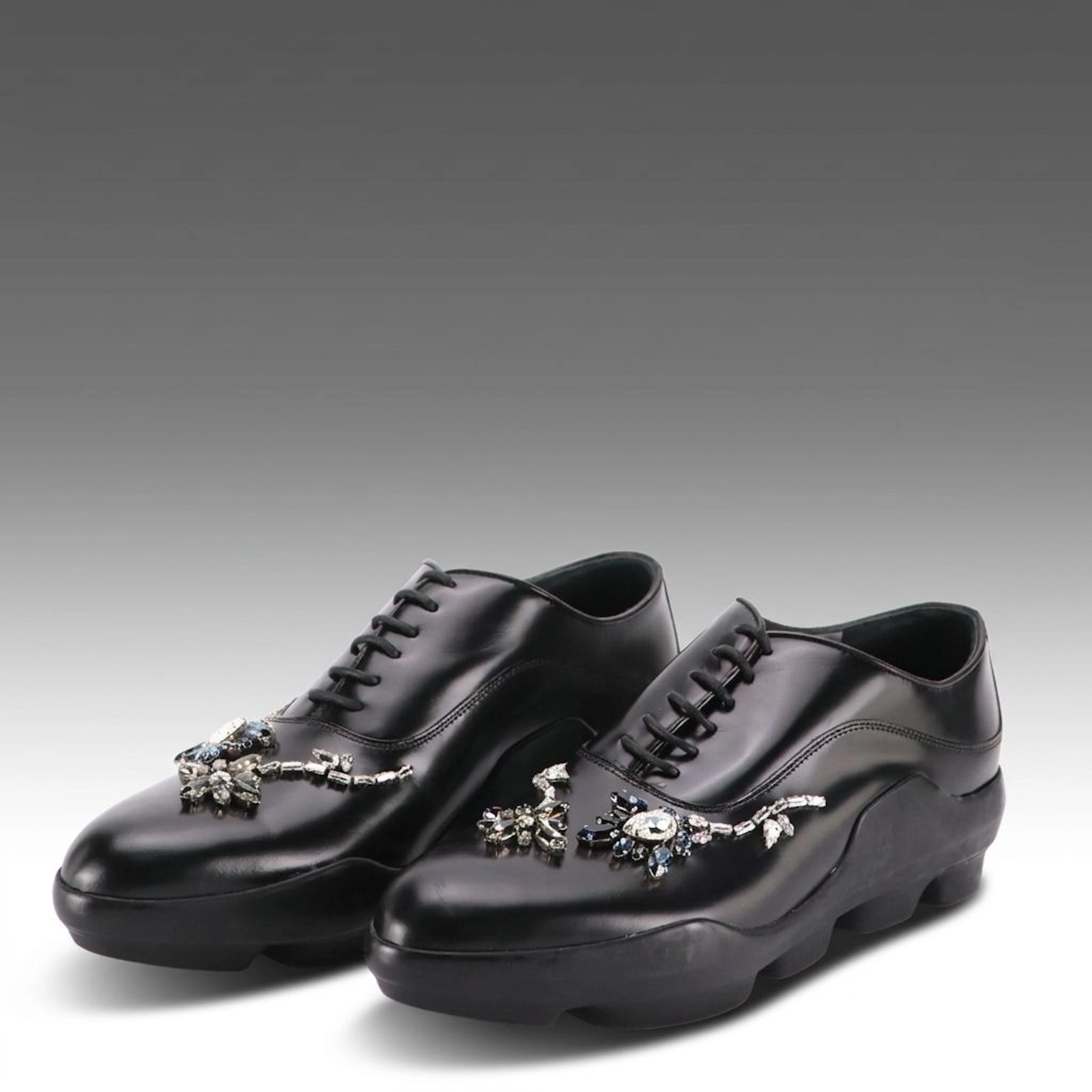 Prada Spazzolato Flower Appliqué Oxford Shoes with Crystal Floral