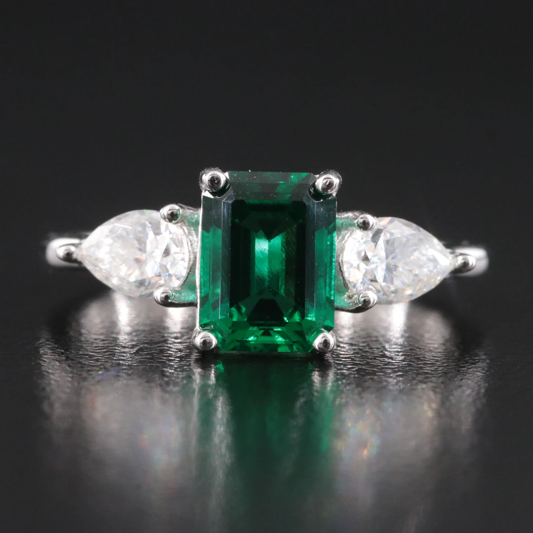 Sterling Emerald and Moissanite Ring