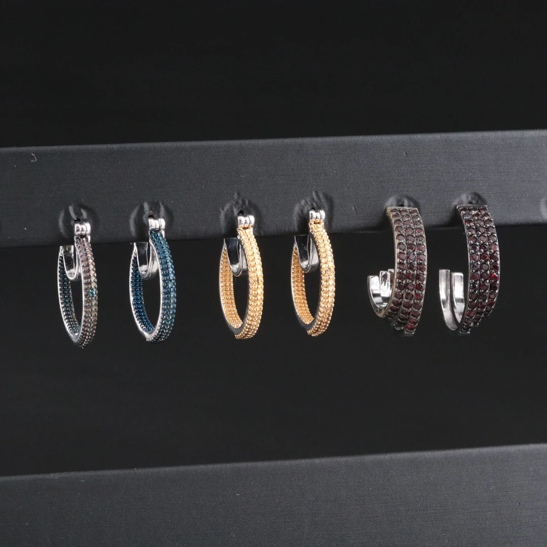 Sterling Diamond and Garnet Hoop Earrings