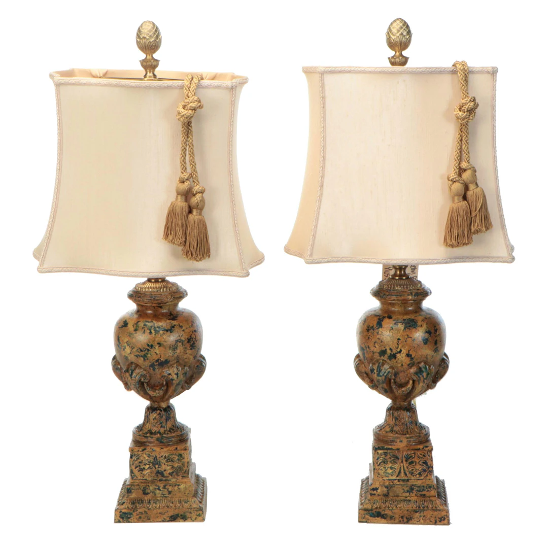 John Richard Lighting Faux Marble Table Lamps with Fancy Rectangle Silk Shades