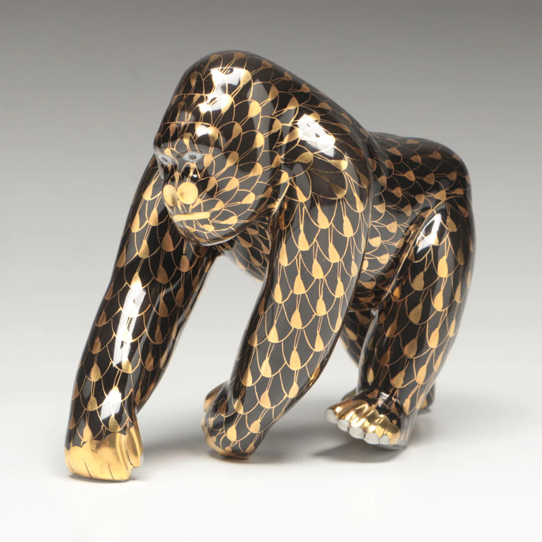 Herend Black and Gold Fishnet "Gorilla" Porcelain Figurine