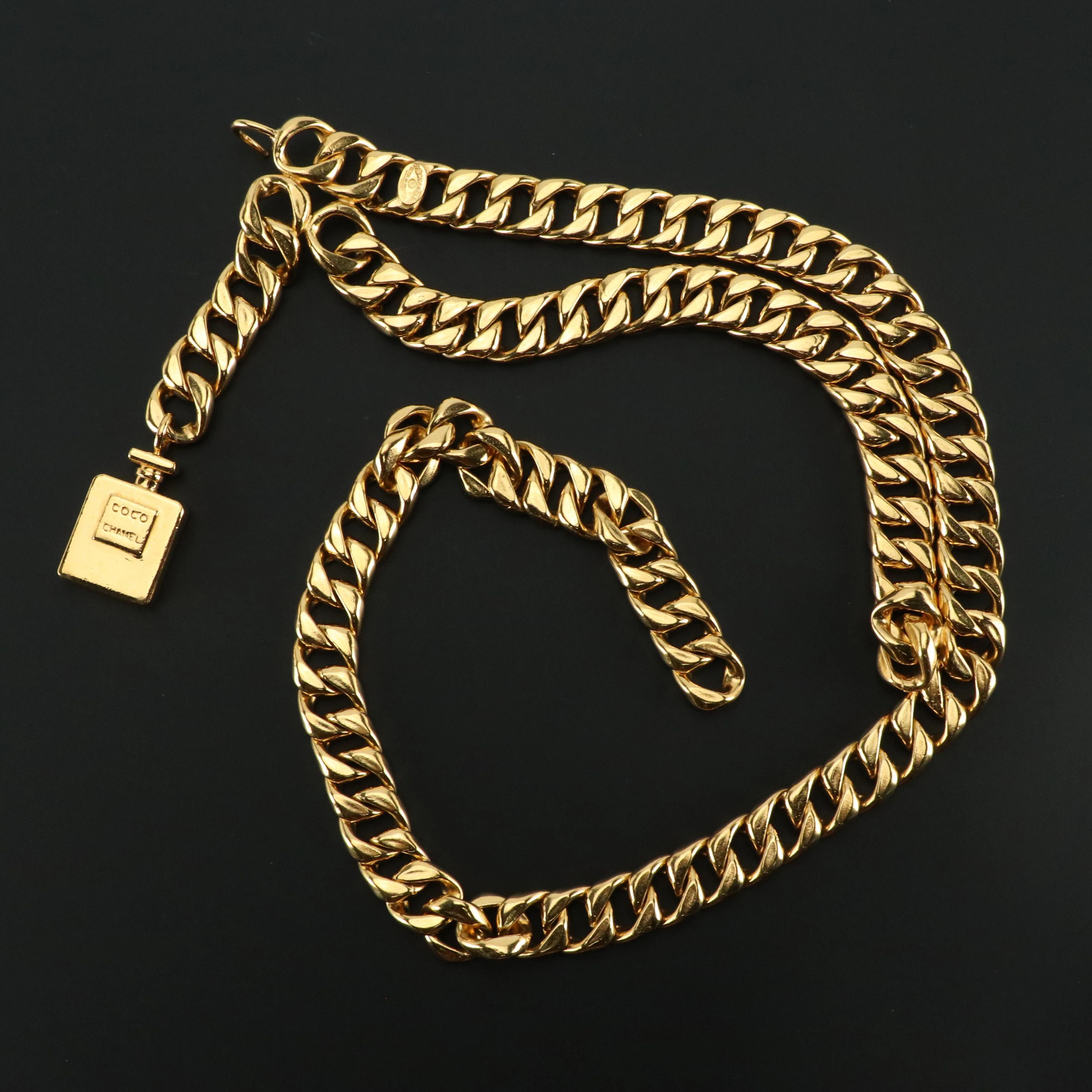 Chanel Gold Tone Single Drape Link Chain Belt with Coco Perfume Dangle and Box