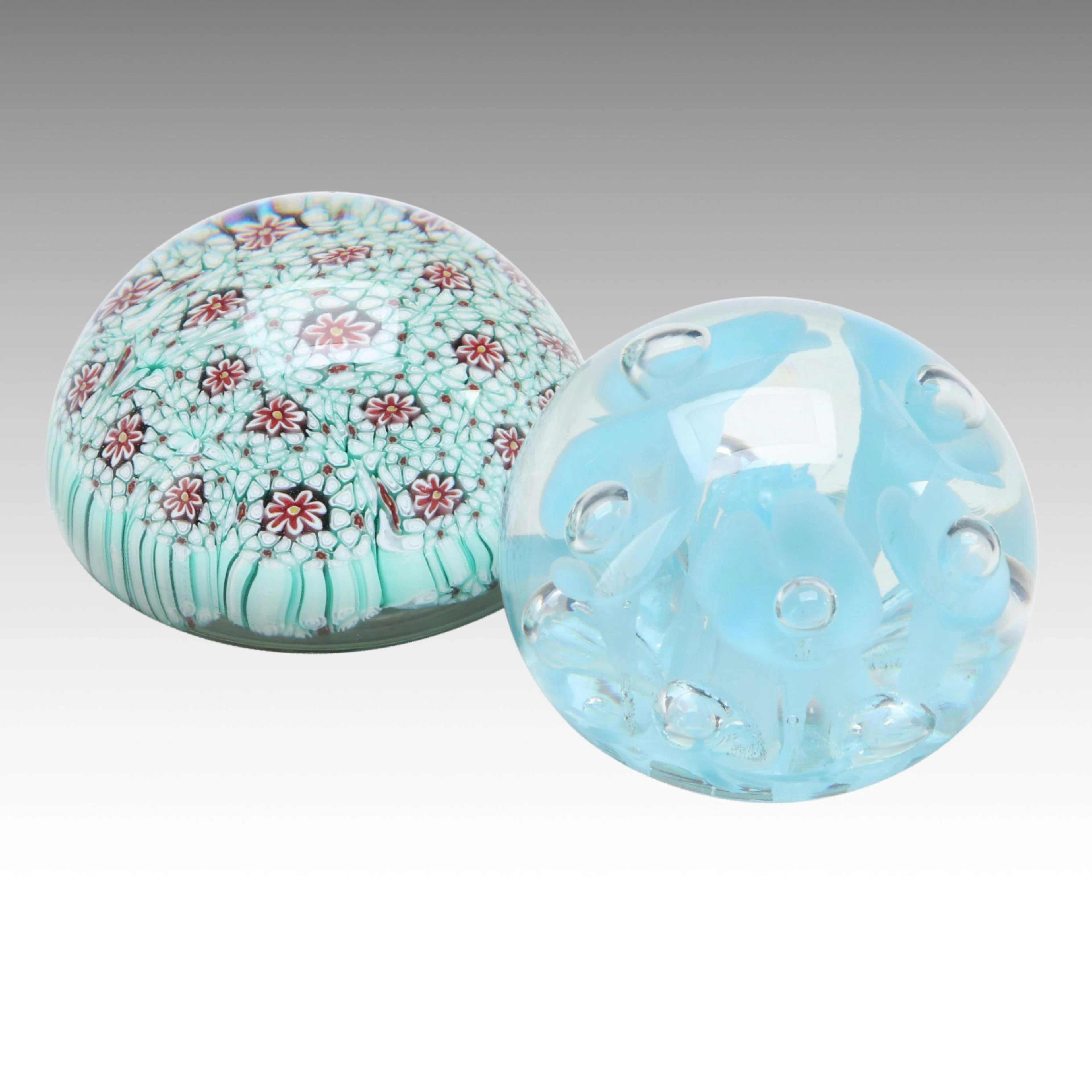 Joe St. Clair Blue Lily and Bubble with Millefiori Studio Glass Paperweights