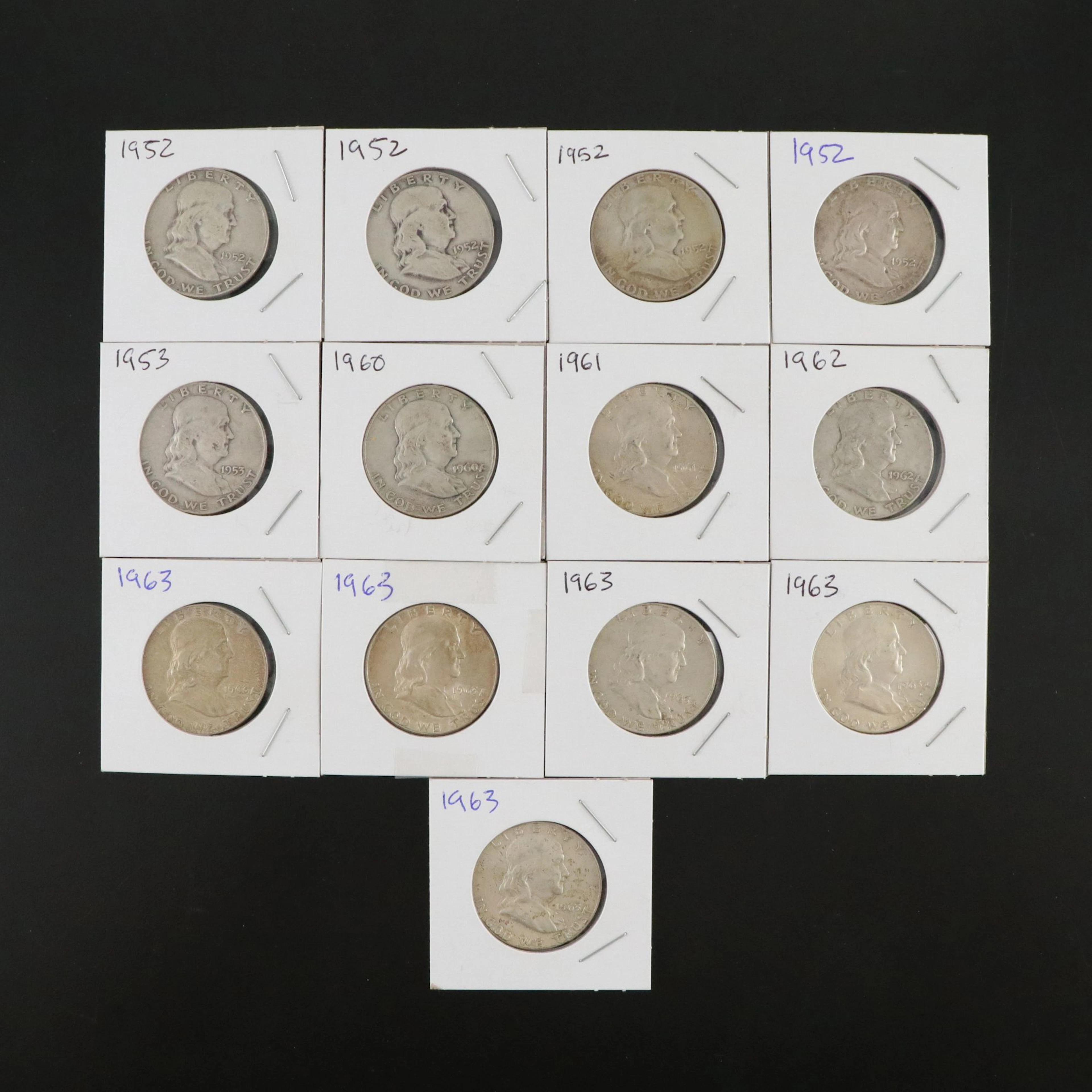 Thirteen Franklin Half Dollars, Mid-20th Century