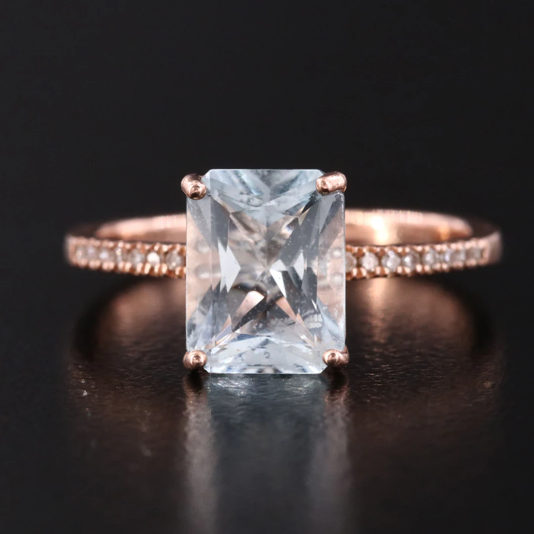 14K Aquamarine and Diamond Rose Gold Ring