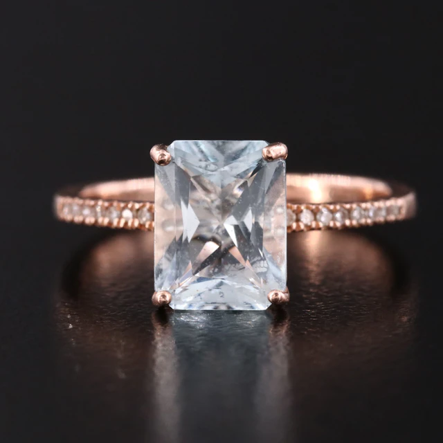 14K Aquamarine and Diamond Rose Gold Ring