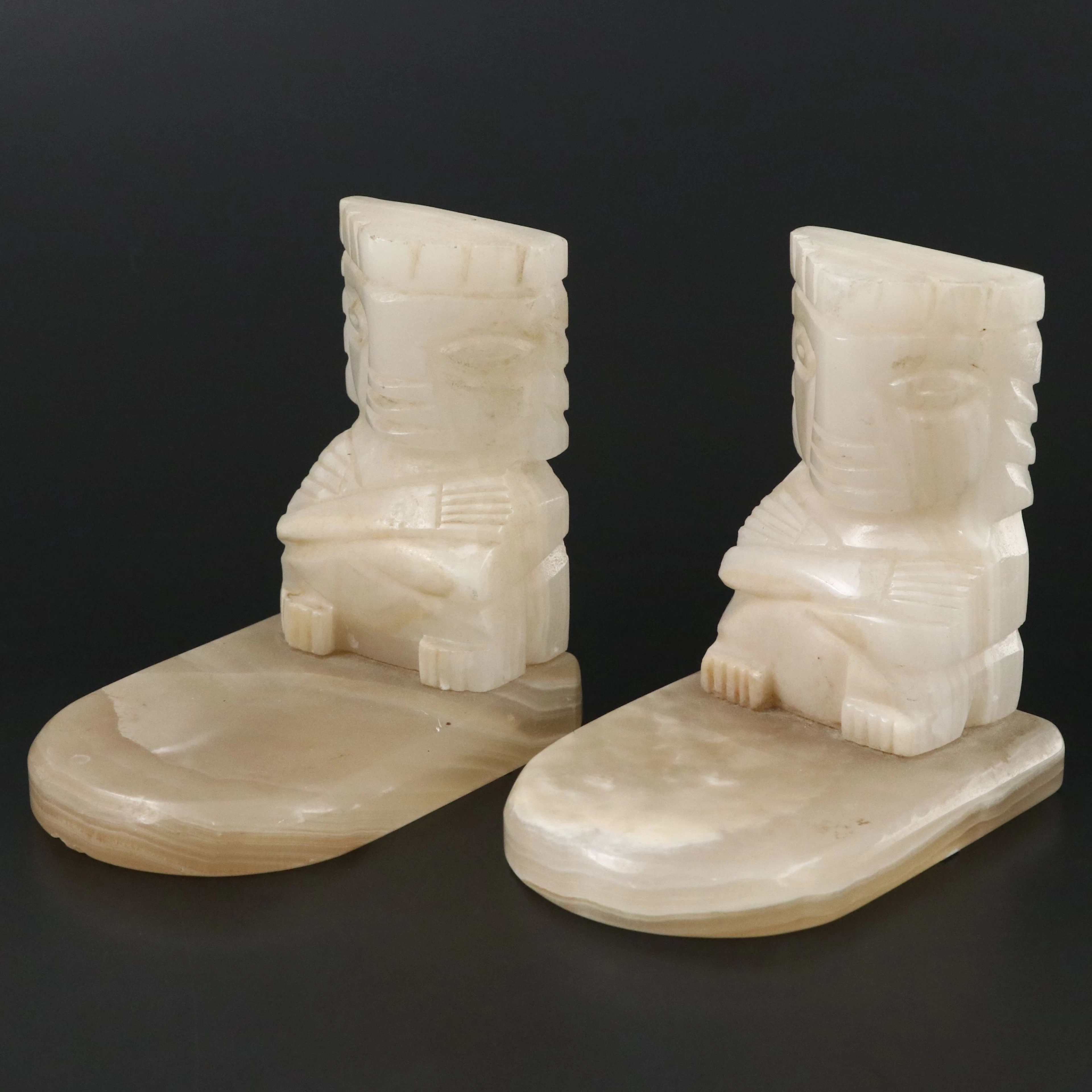 Pre-Columbian Style Totem Carved Onyx Bookends
