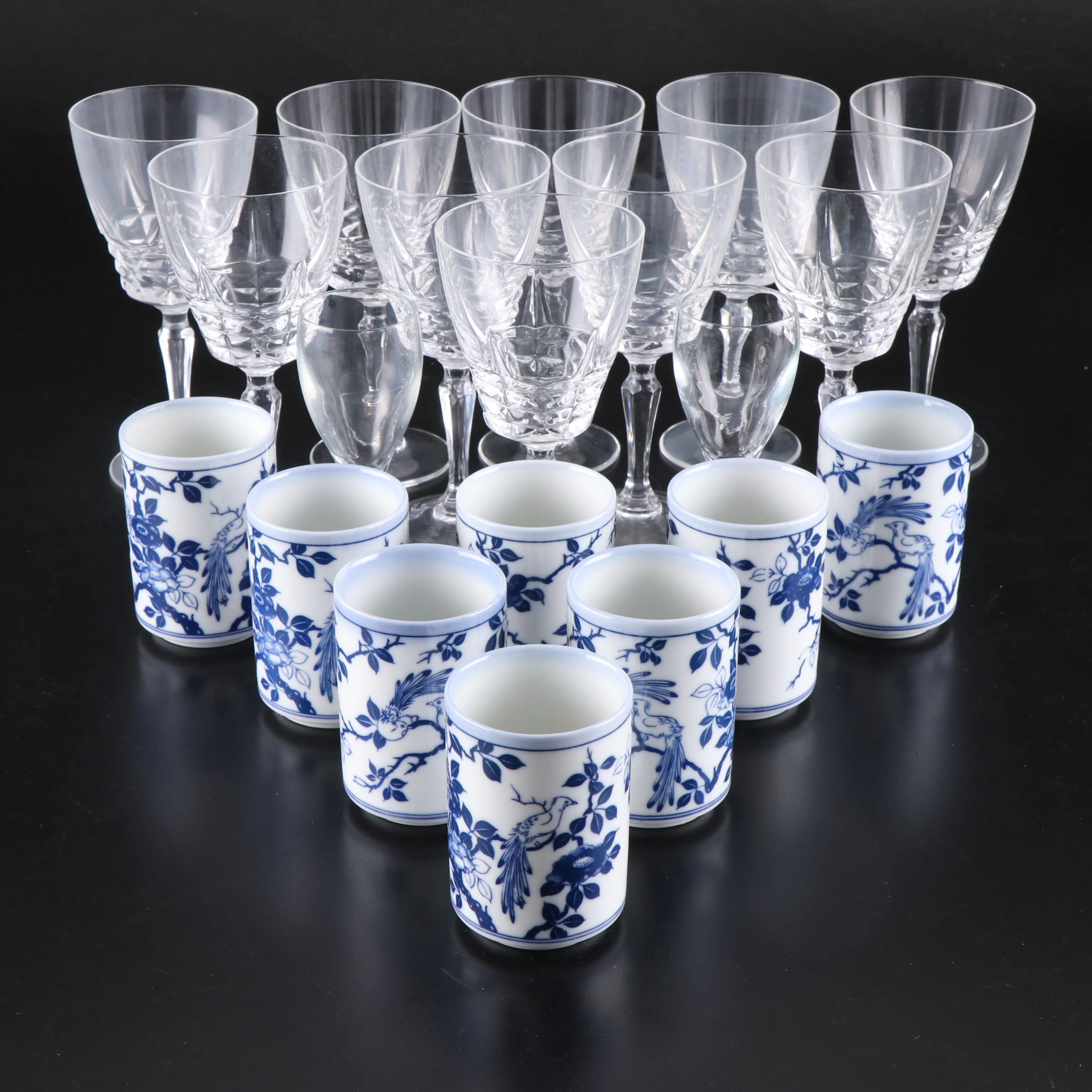 W.M. Dalton "Cherbourg" Crystal Wine Glasses with Japanese Porcelain Sake Cups