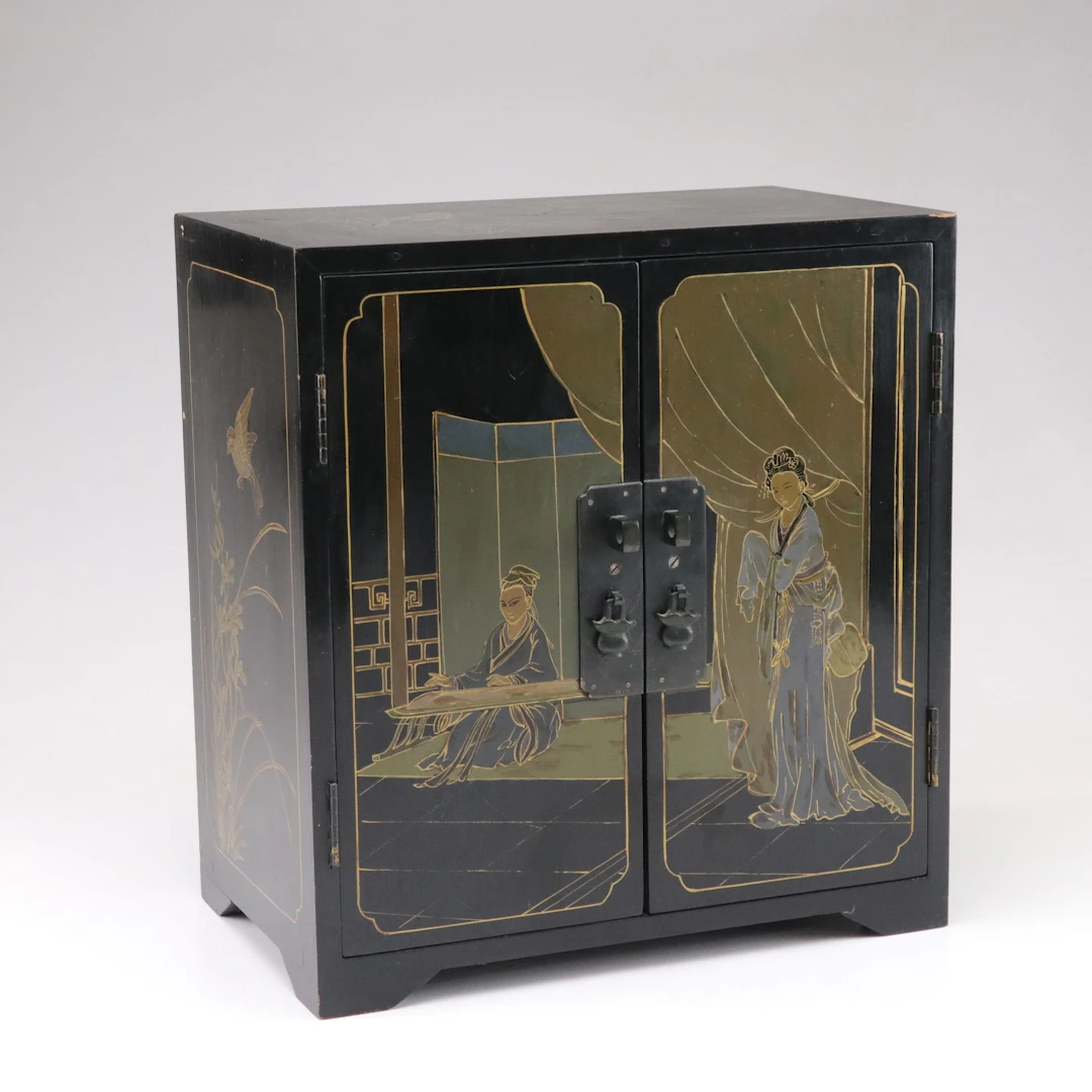 Chinese Black Lacquered and Hand Painted Jewelry Chest