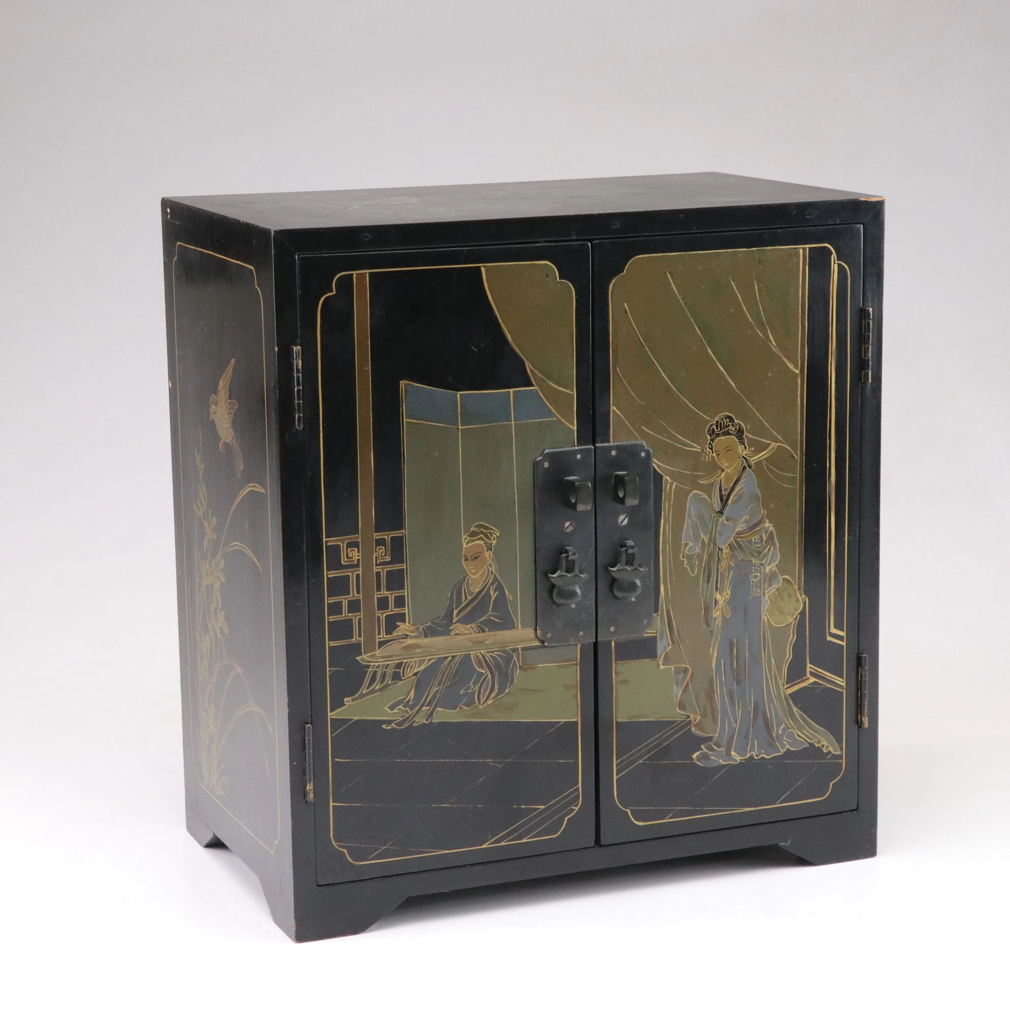 Chinese Black Lacquered and Hand Painted Jewelry Chest