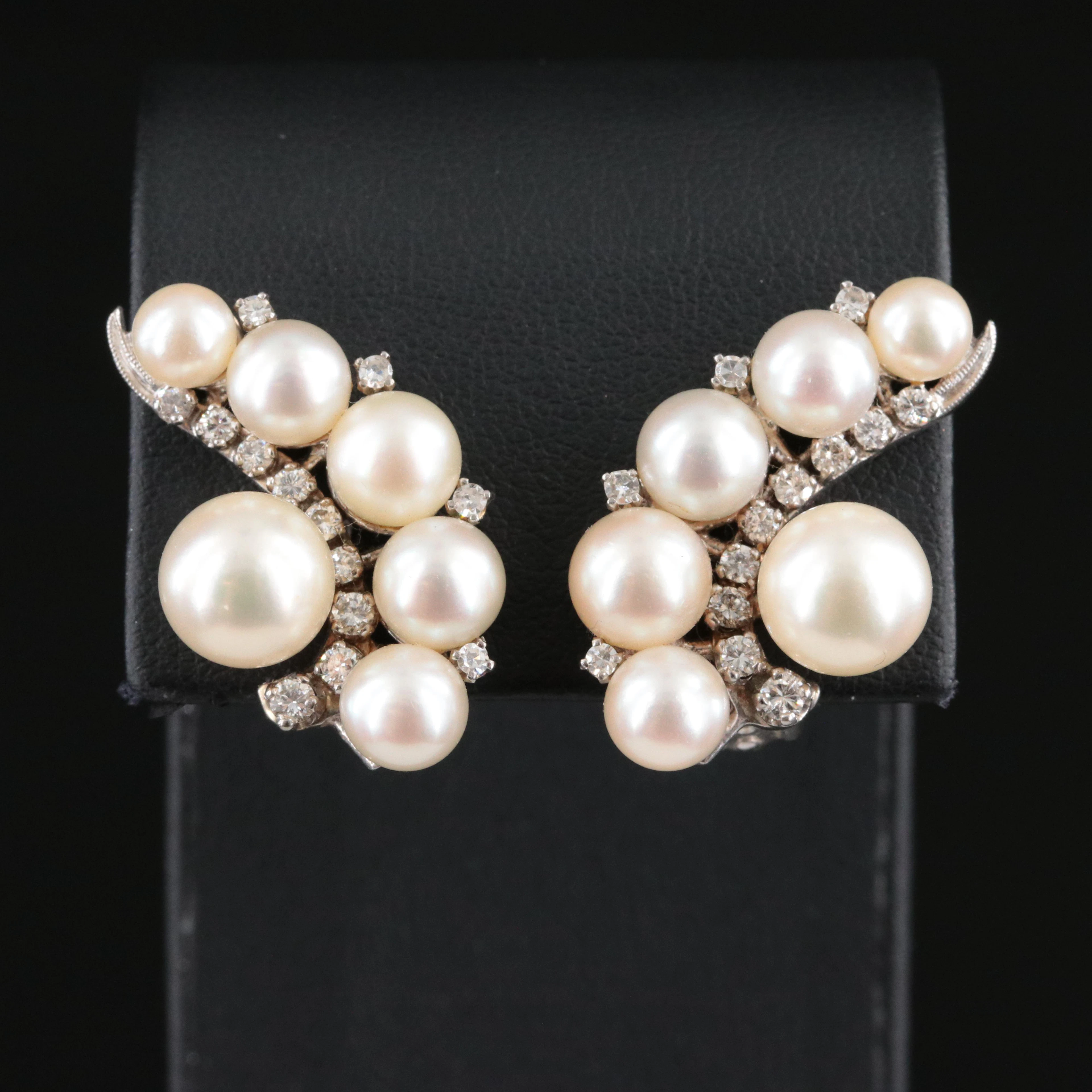 Vintage 14K Pearl and Diamond Earrings with Palladium Accents