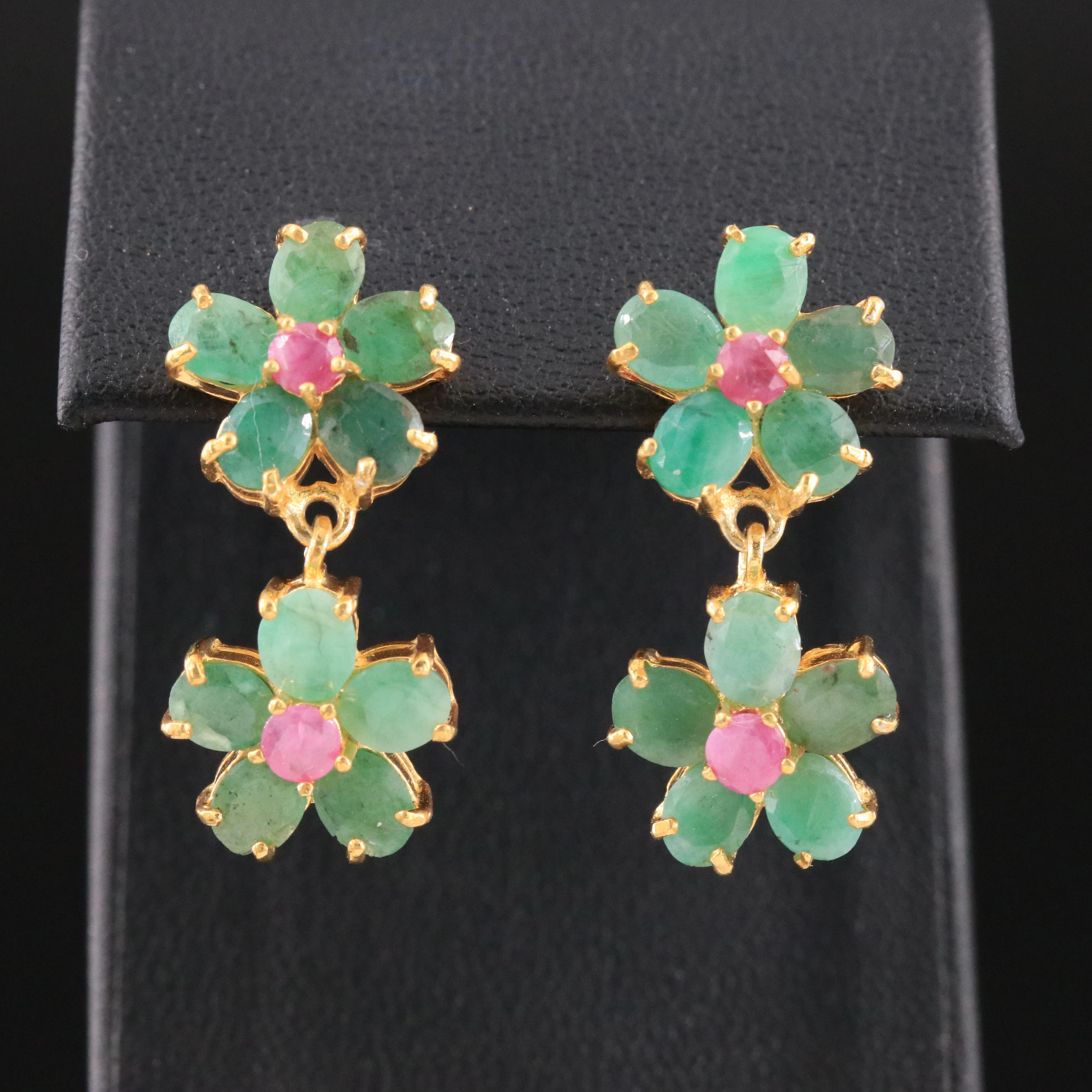 Sterling Emerald and Ruby Flower Earrings