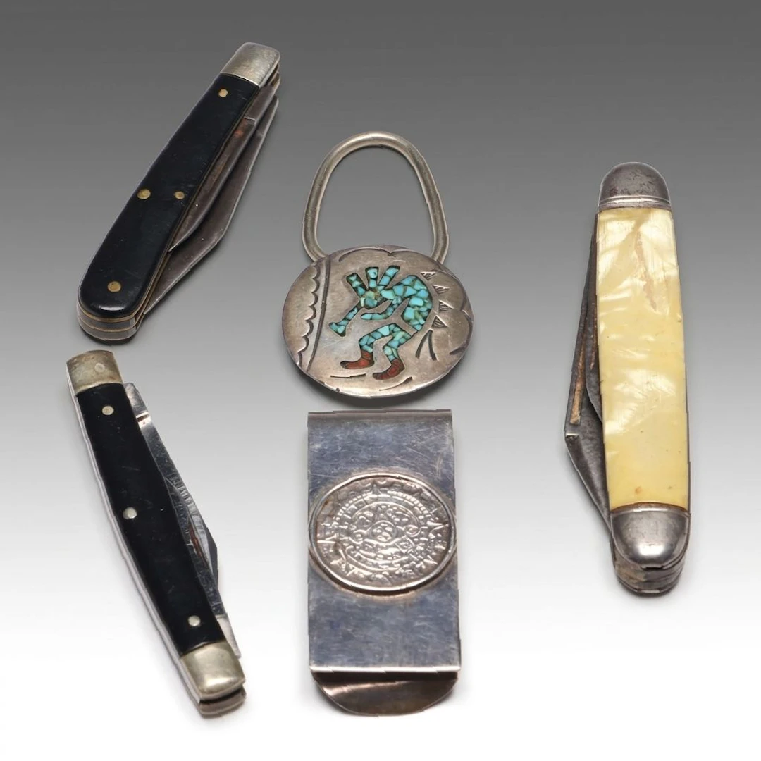 Mexican Sterling Silver Money Clip and Key Chain with Pocket Knives