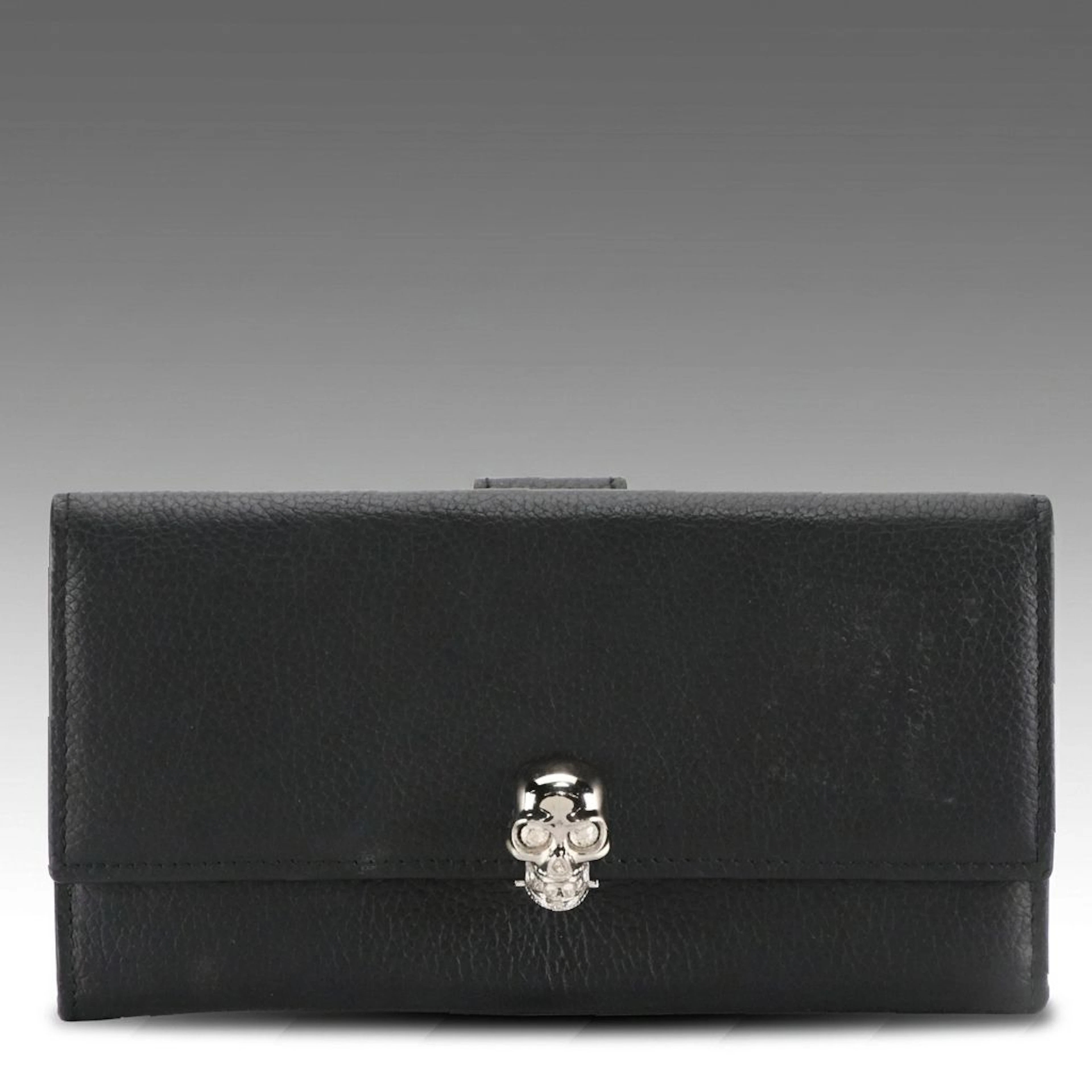 Alexander McQueen Black Calfskin Grain Leather Crystal Skull Continental Wallet