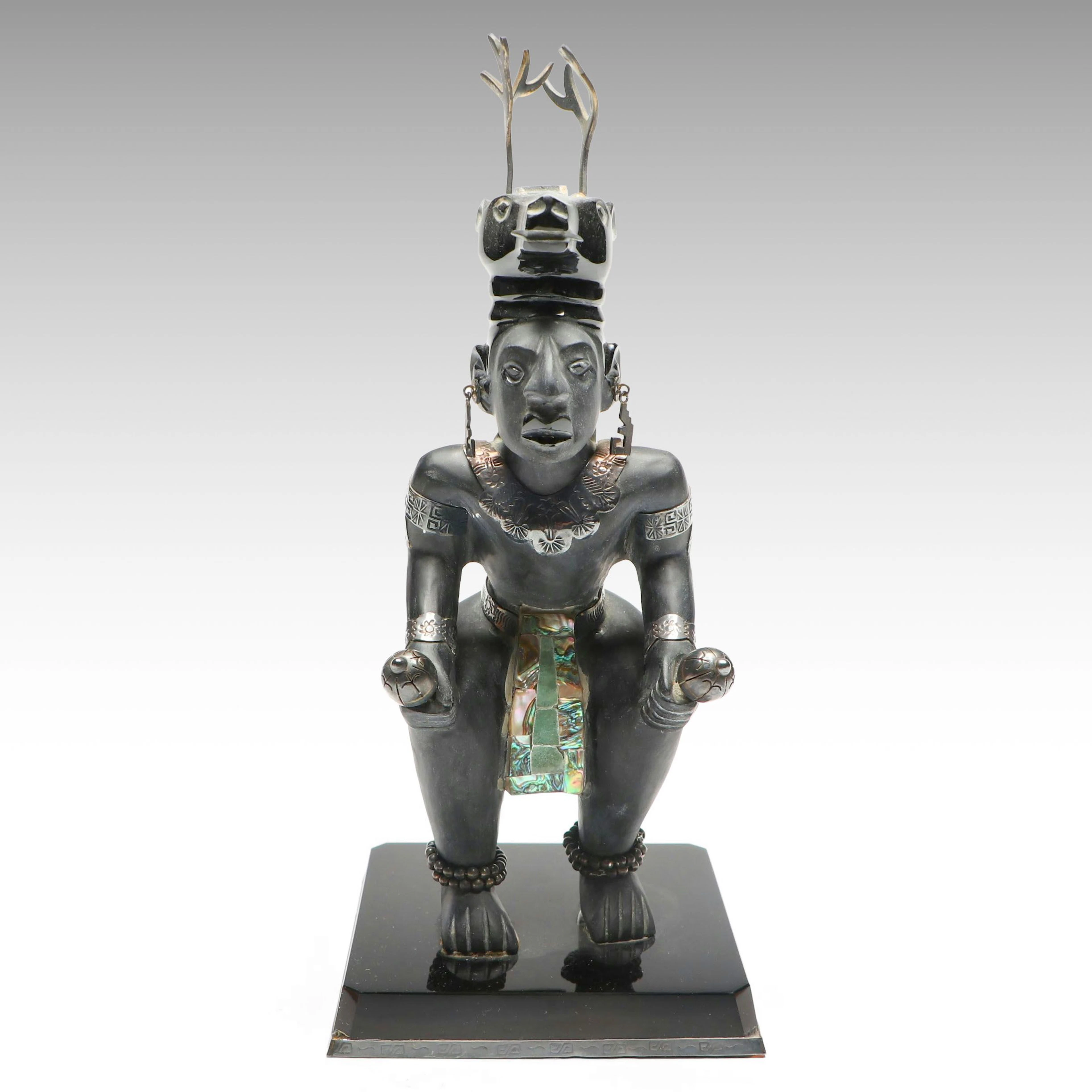 Aztec Style Pottery Warrior with Carved Stone, Abalone, Alpaca Silver Accents