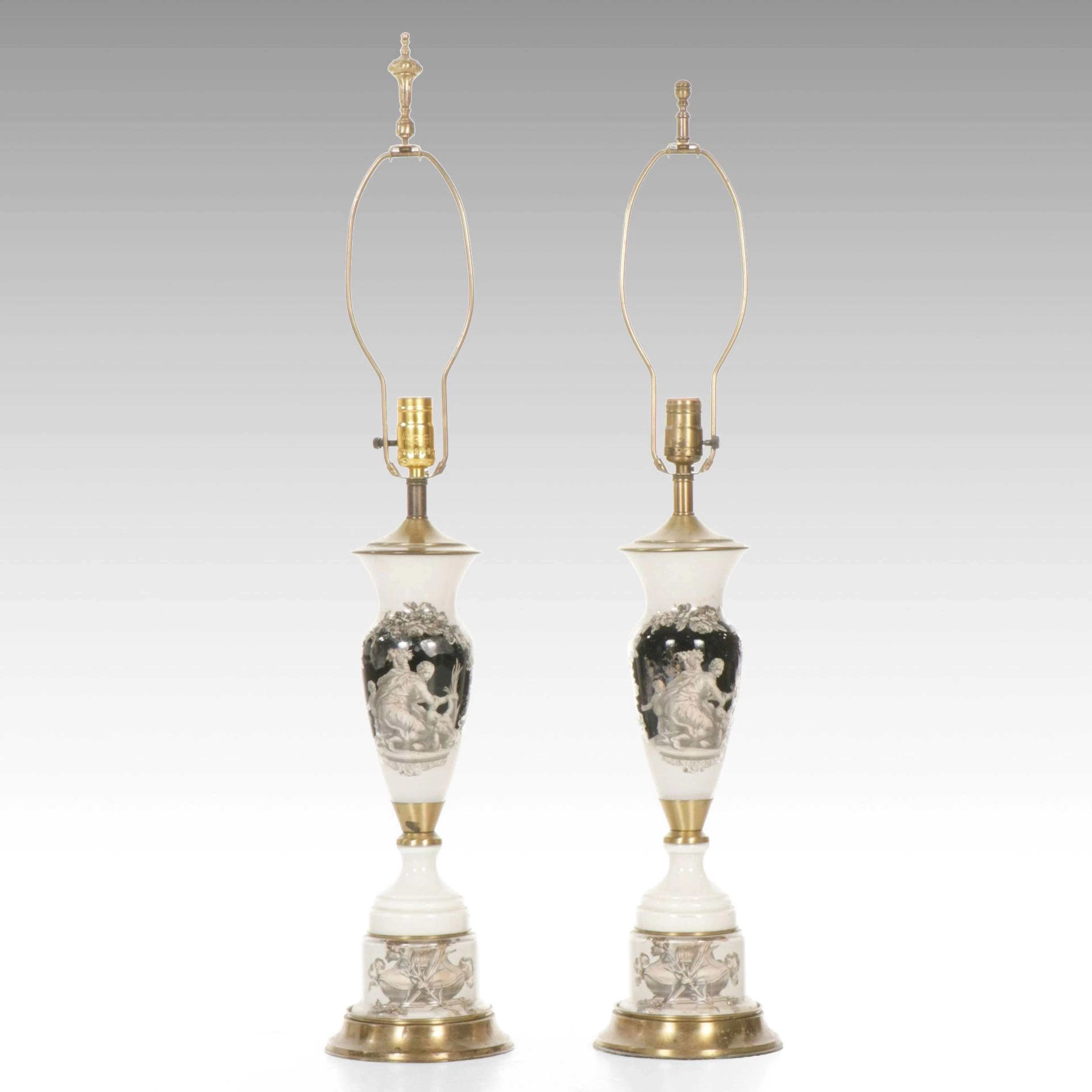 Pair of Fornasetti Style Neoclassical Print Ceramic Urn Table Lamps