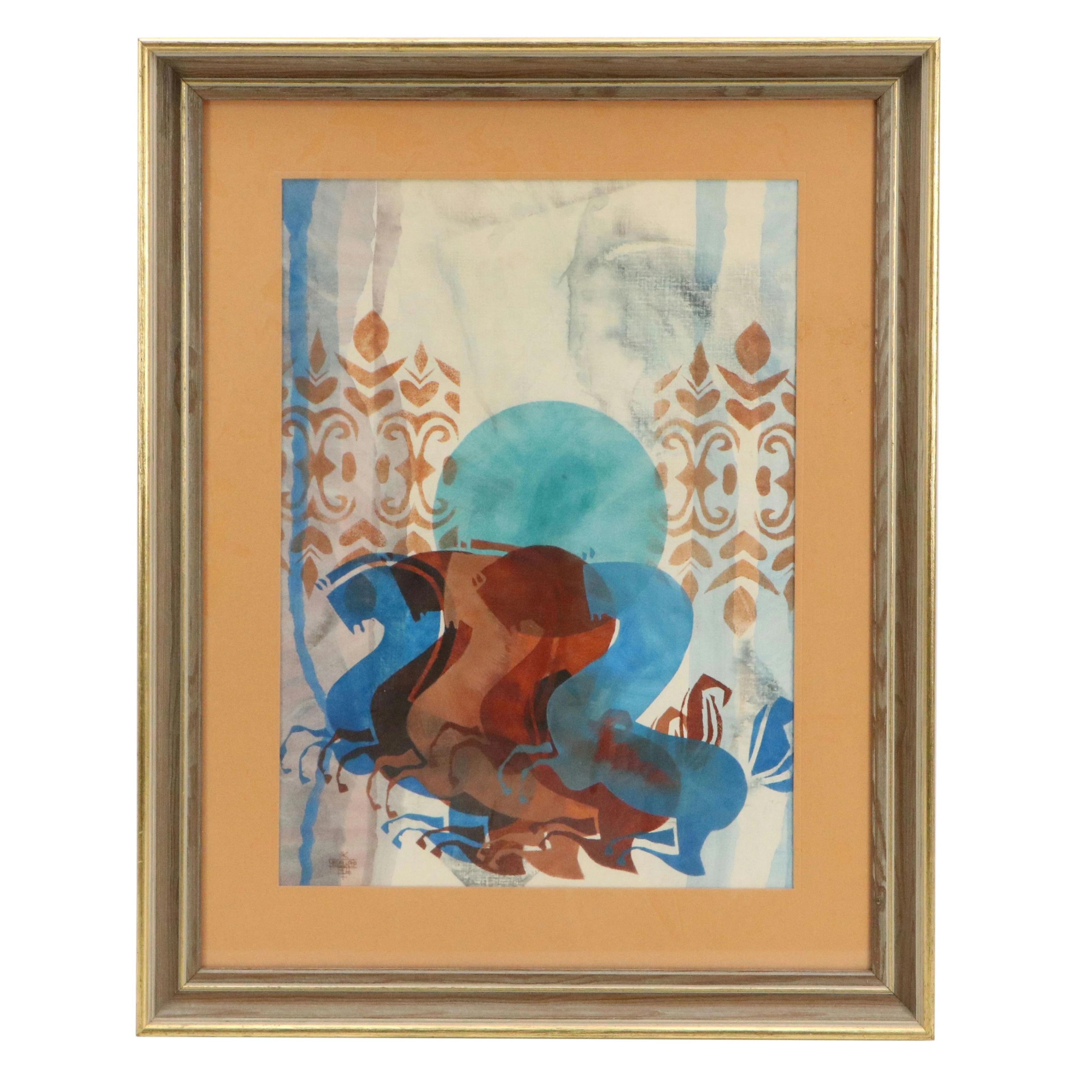 Stencil Painting with Greek Style Horses Motif, 1972