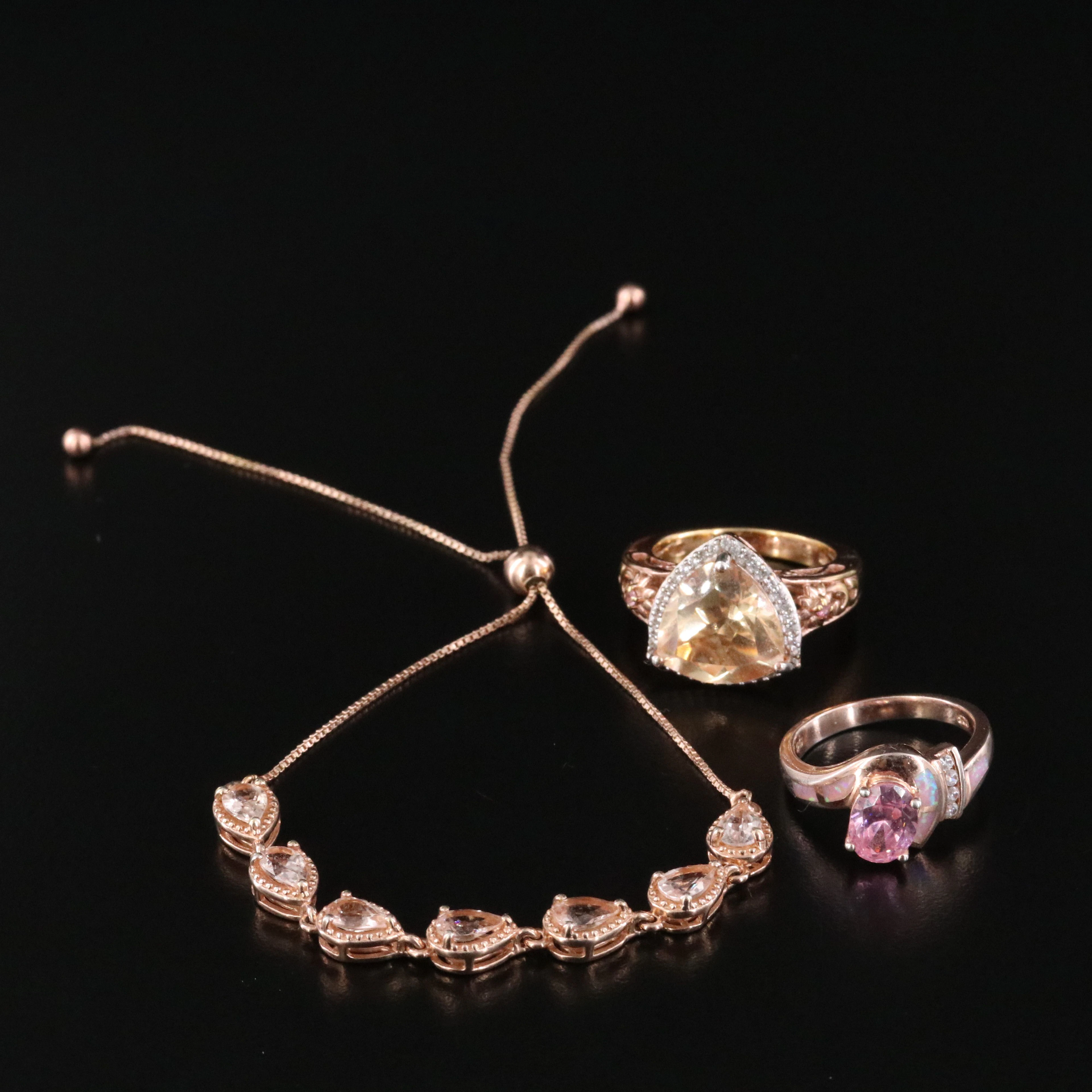 Sterling Rings and Bolo Bracelet Featuring Morganite, White Zircon and Opal