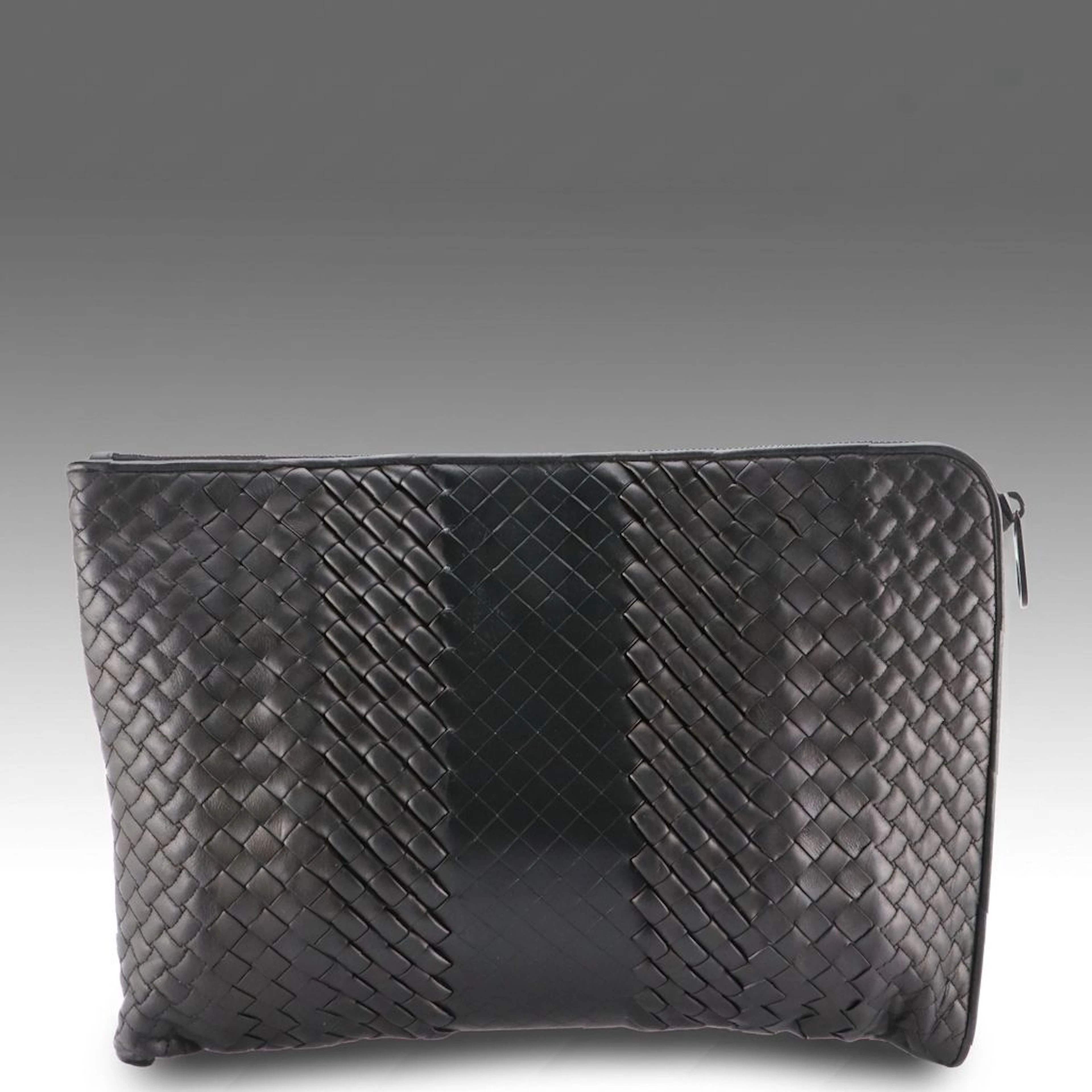 Bottega Veneta Black Intrecciato Leather Zip Clutch