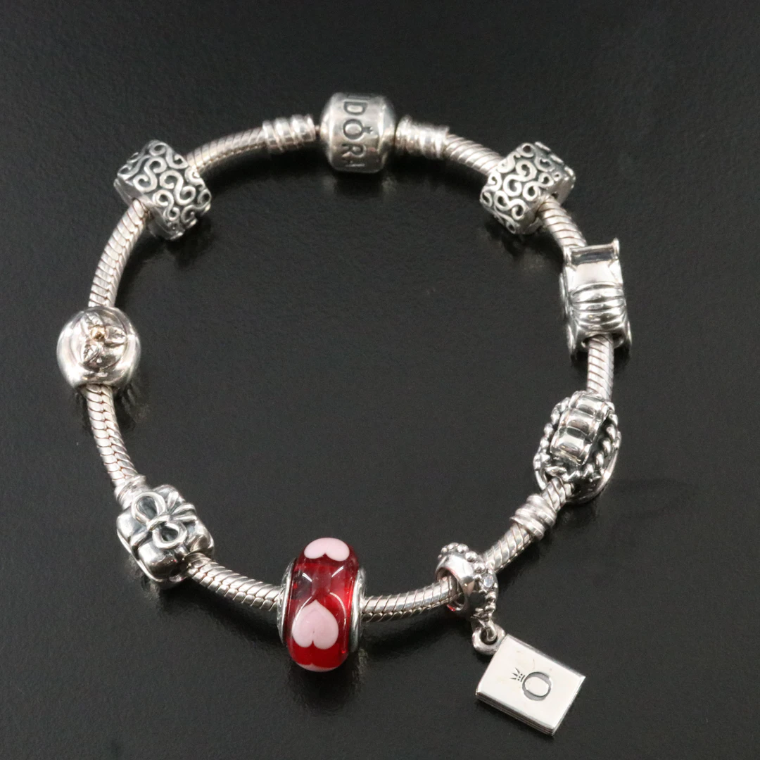 Pandora Sterling Sapphire and Glass Charm Bracelet