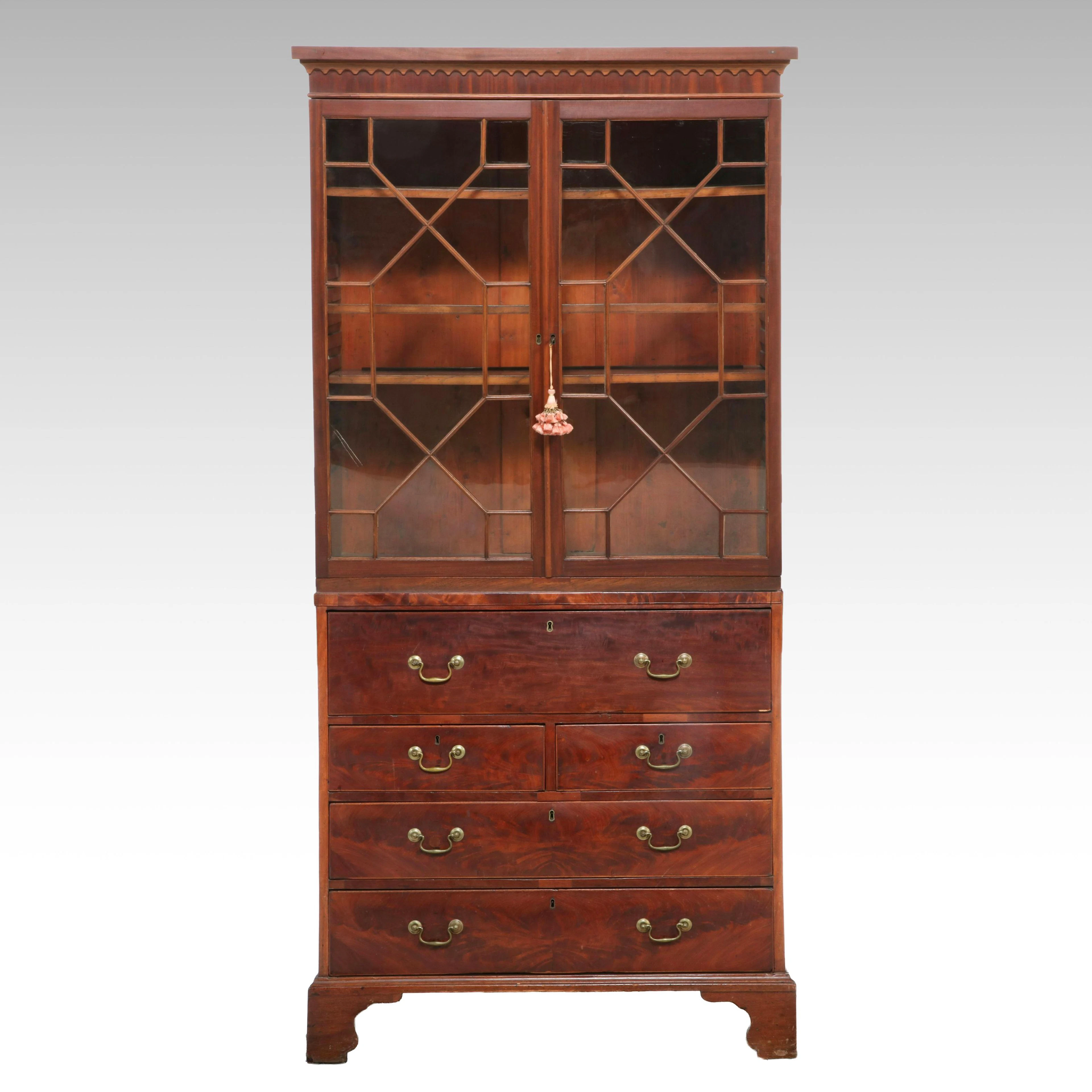 Federal Figured Mahogany Bookcase-on-Chest, Late 18th/Early 19th Century
