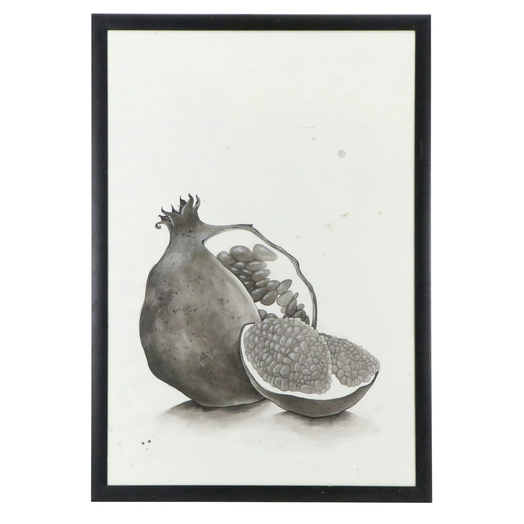 Still Life Ink Wash Painting of Split Pomegranate