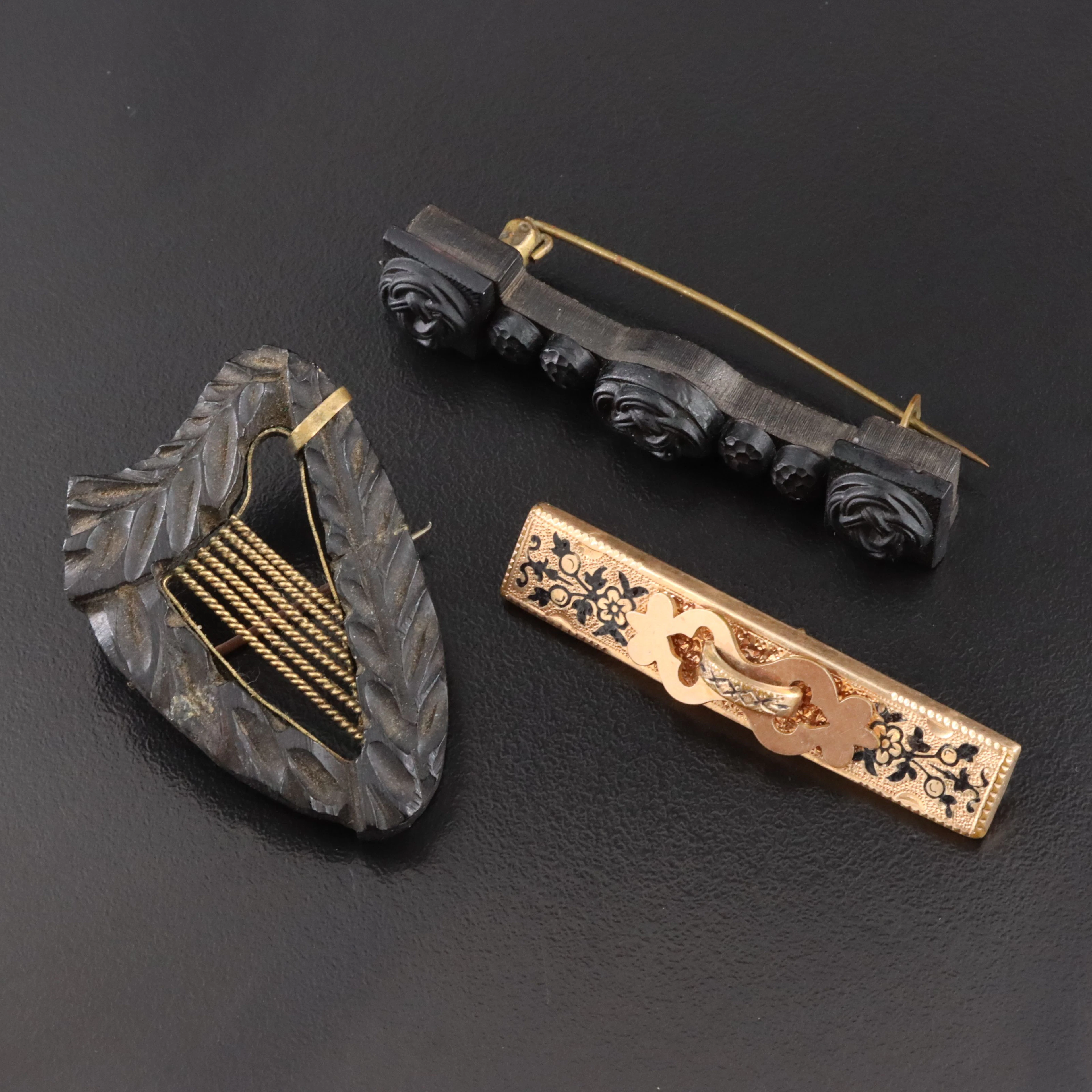 Victorian Carved Bog Oak Harp & Love Knot & Taille d’Epargné​ Brooches