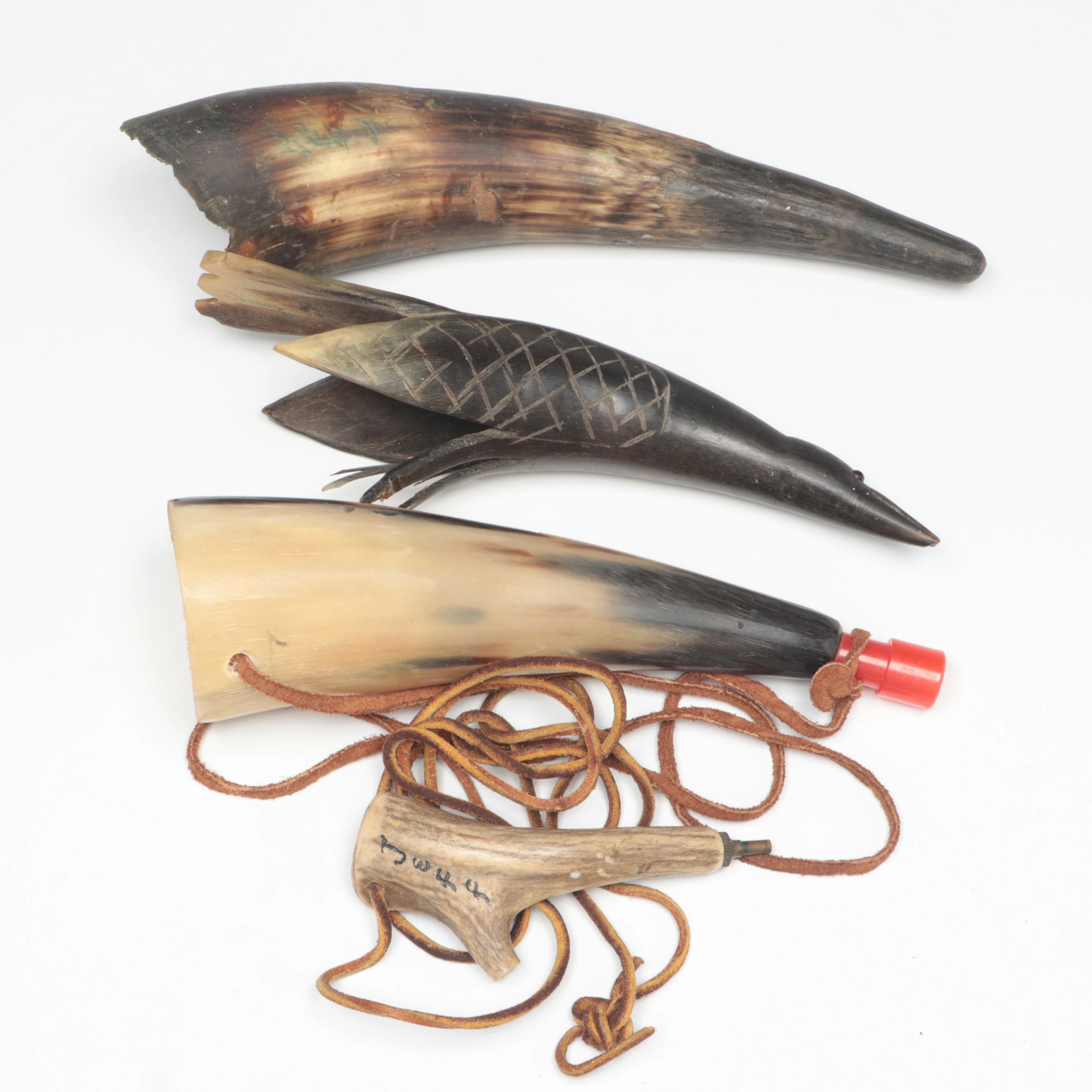 Carved Horn Bird Sculpture with Flask Horn and More