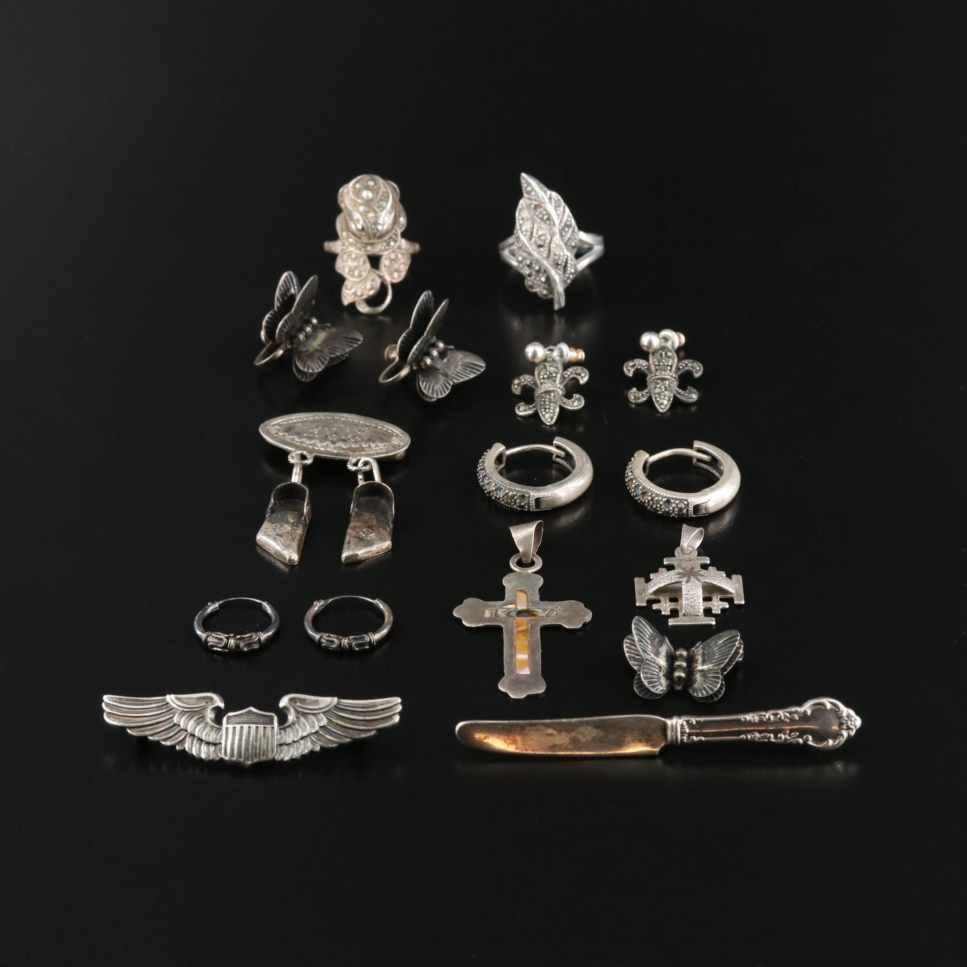 Sterling Jewelry Assortment Featuring Marcasite and Abalone