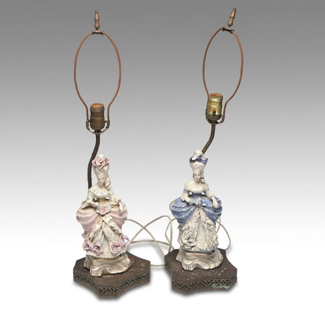 Pair of Dresden Lace Style Porcelain Figurine Table Lamps
