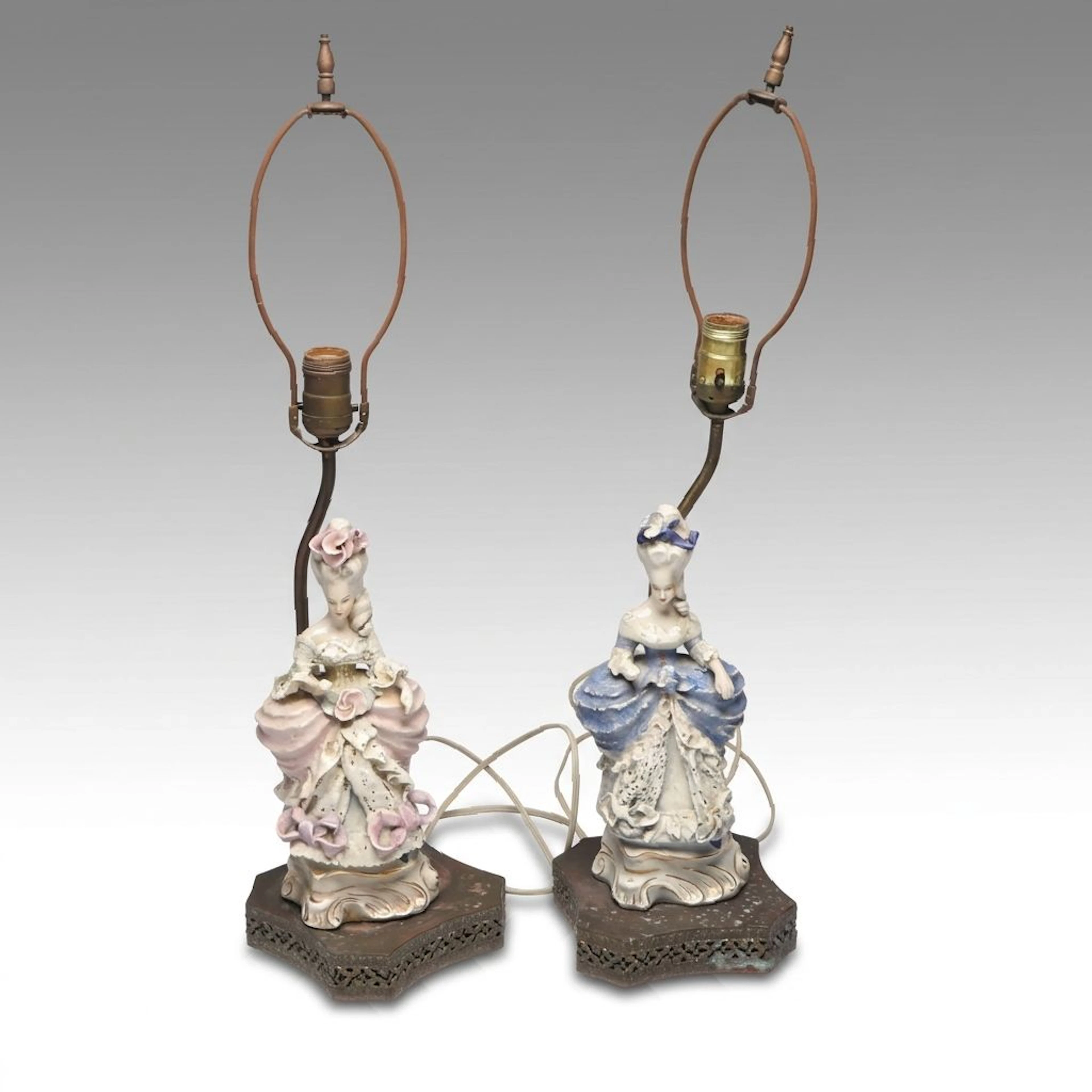 Pair of Dresden Lace Style Porcelain Figurine Table Lamps