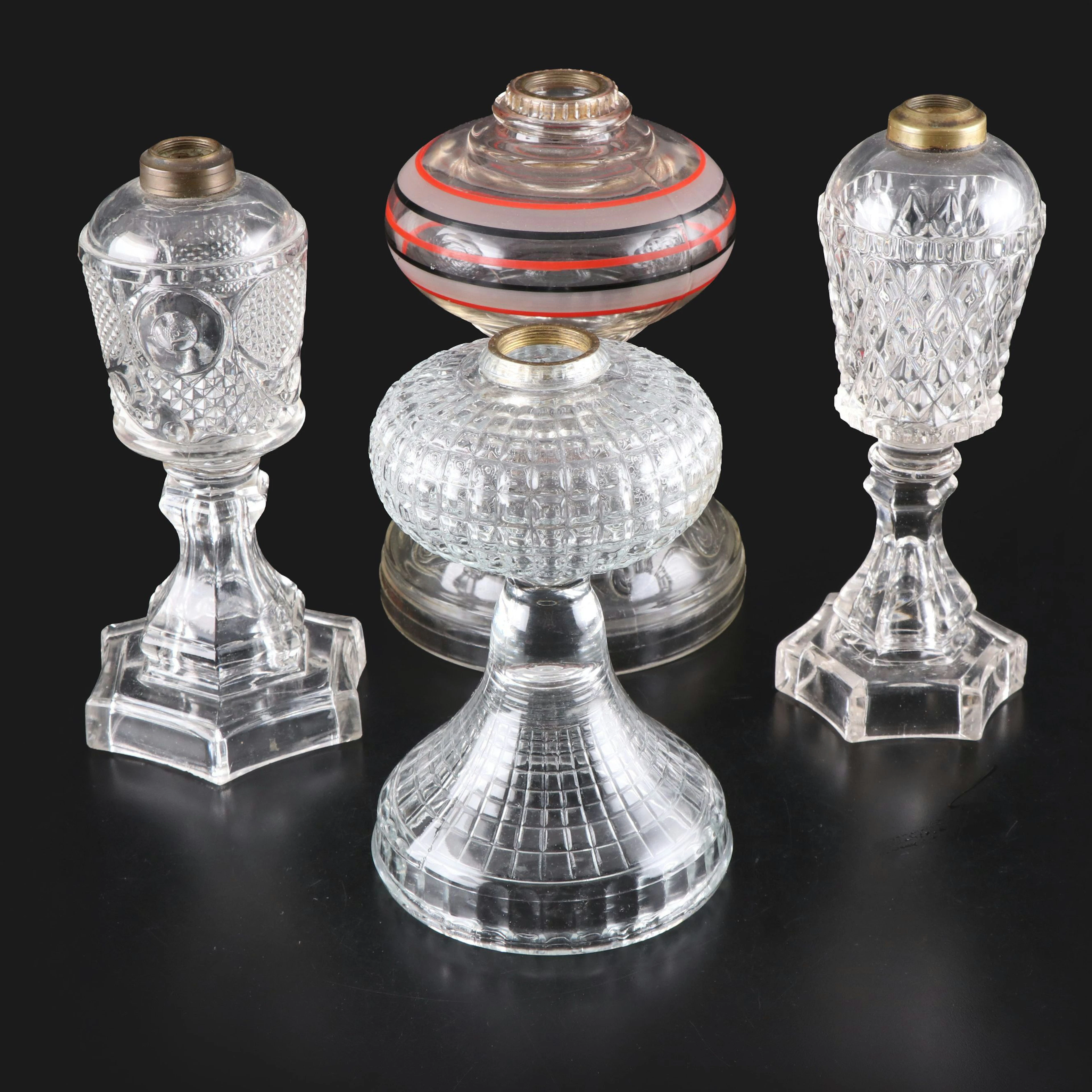 Victorian Era Glass Whale Oil Lamps with Other Vintage Oil Lamps