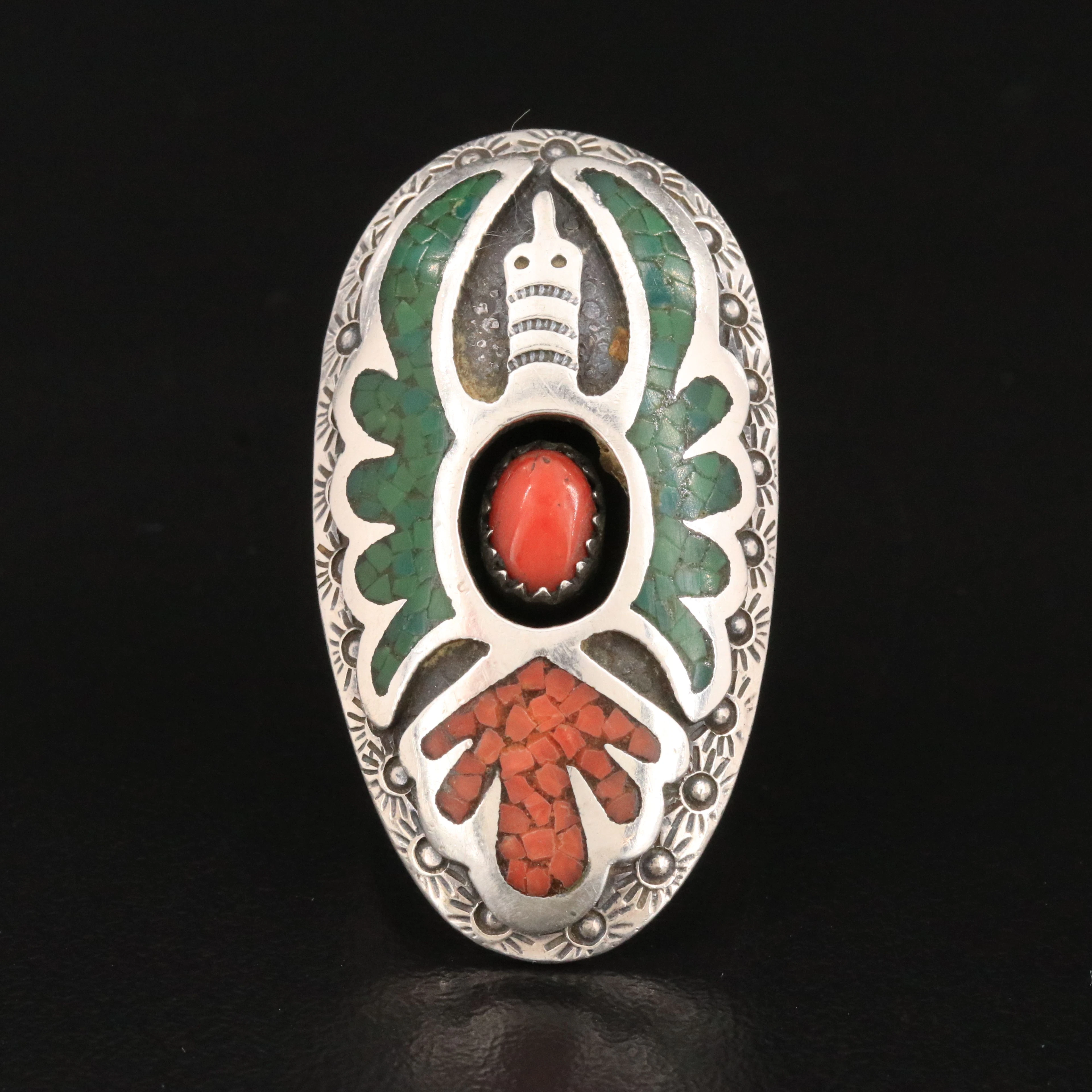 Southwestern Sterling Coral and Stone Inlay Peyote Bird Shadowbox Ring