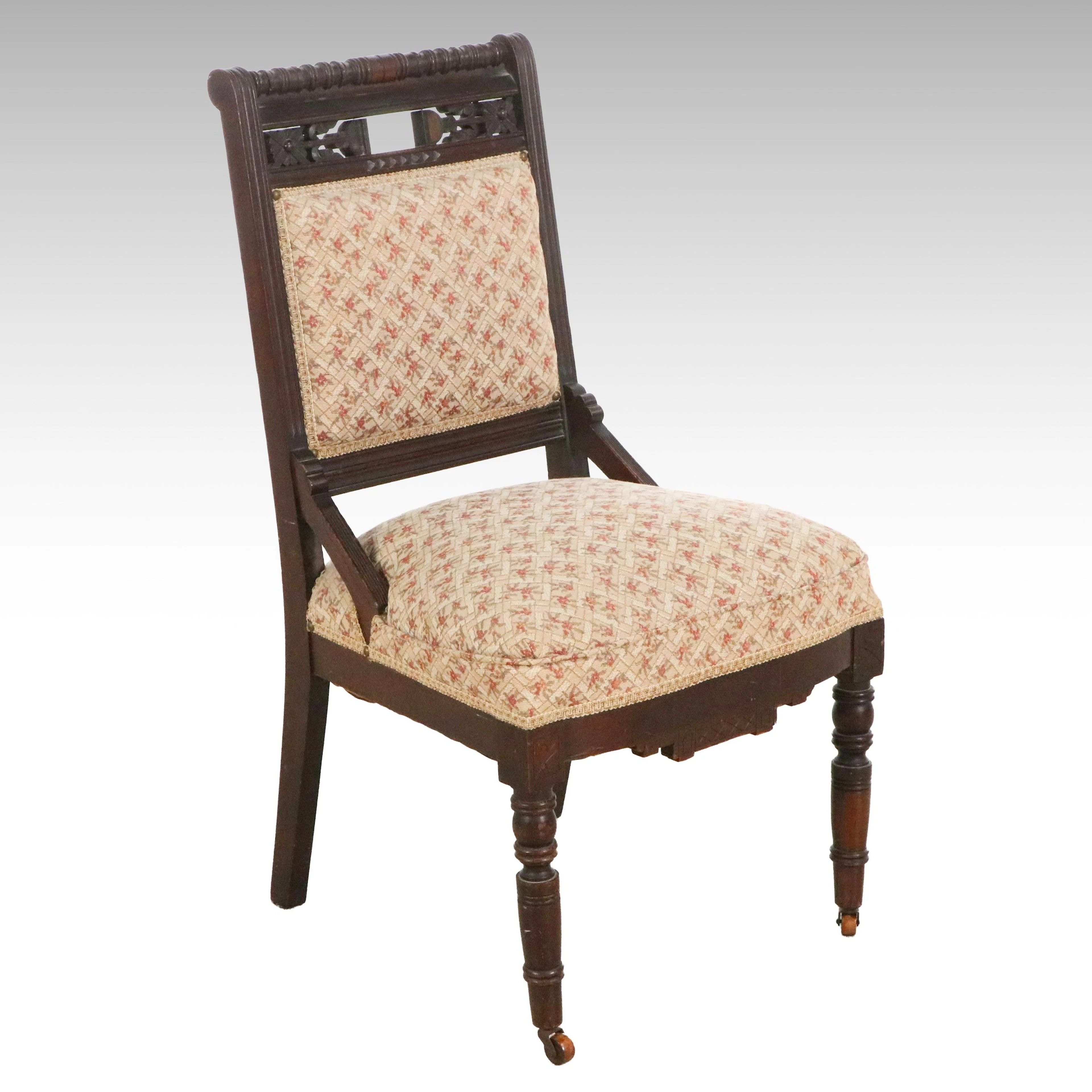 Victorian Eastlake Carved Oak Upholstered Side Chair
