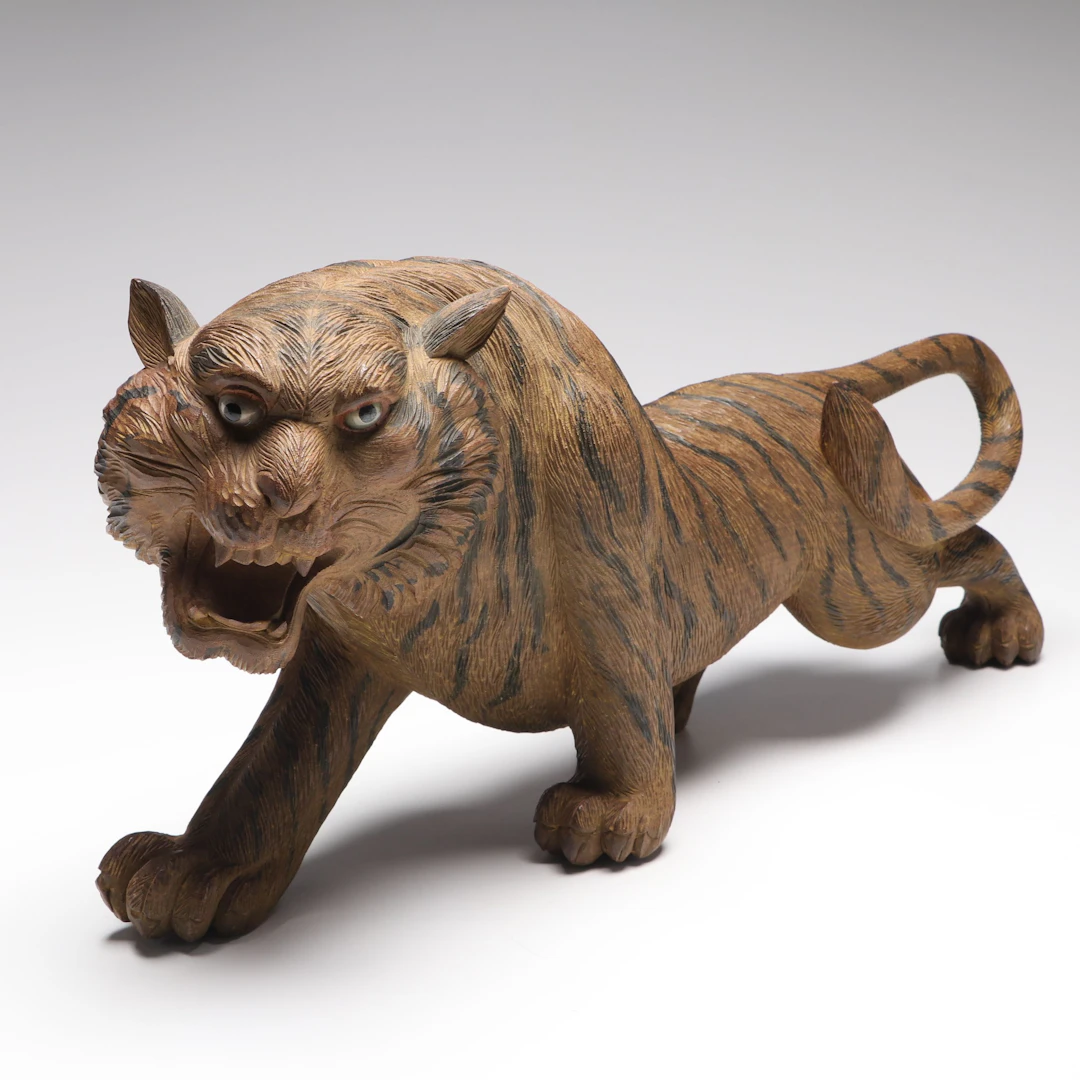 Chinese Hand-Carved Polychrome Wood Tiger with Glass Eyes