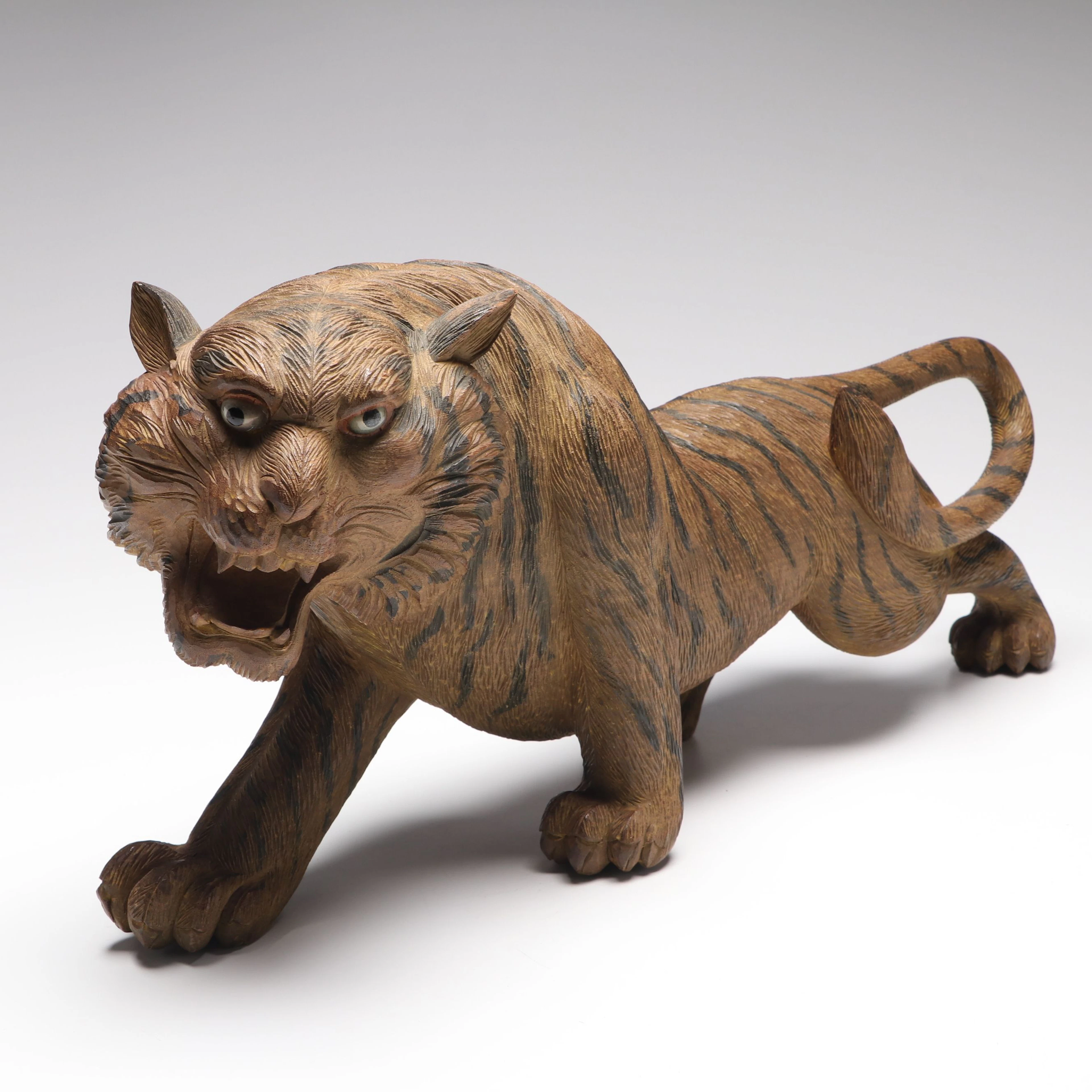 Chinese Hand-Carved Polychrome Wood Tiger with Glass Eyes