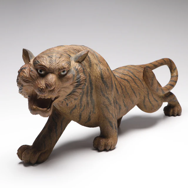 Chinese Hand-Carved Polychrome Wood Tiger with Glass Eyes