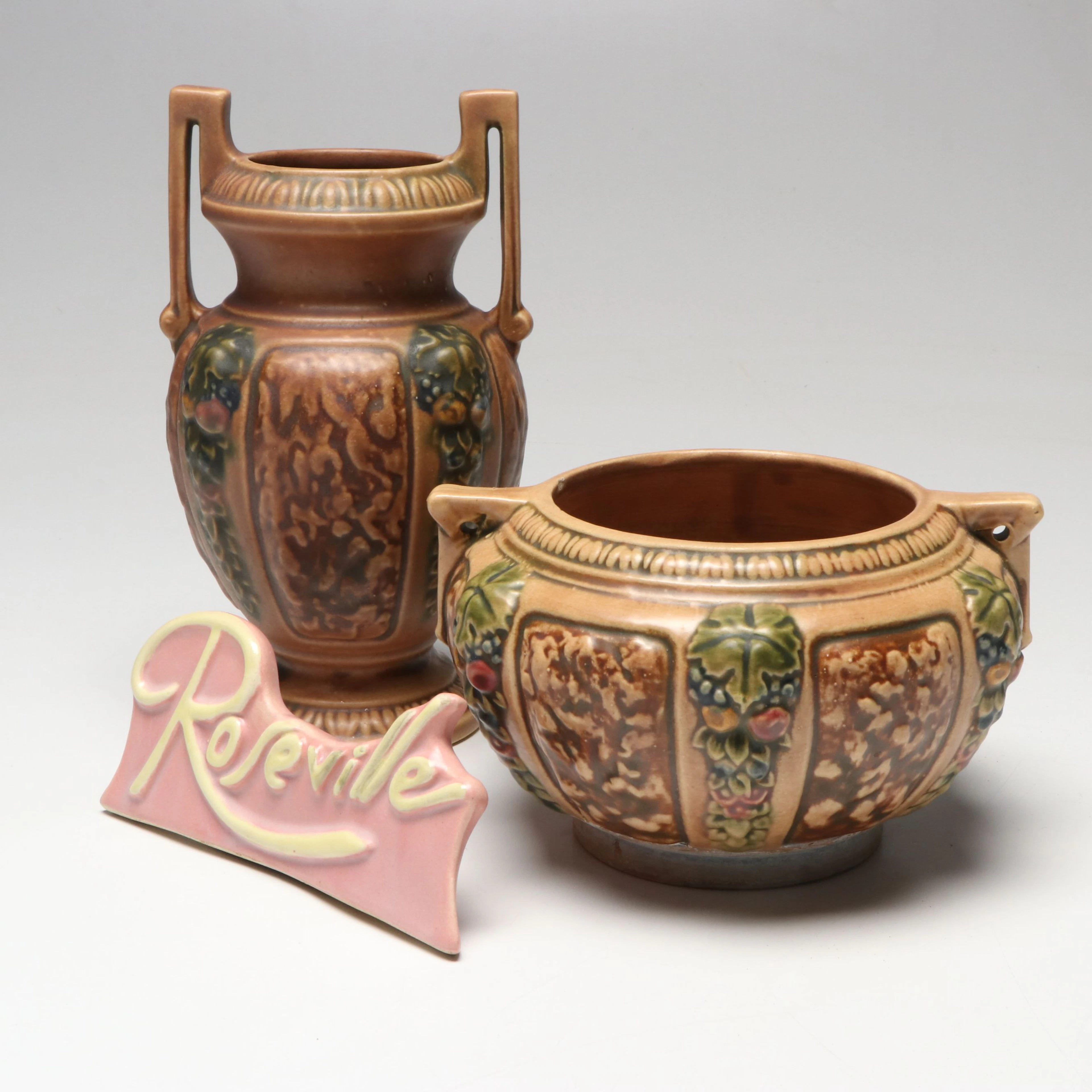 Roseville Pottery "Florentine" Ceramic Vase and Bowl with Sign, Early 20th C.