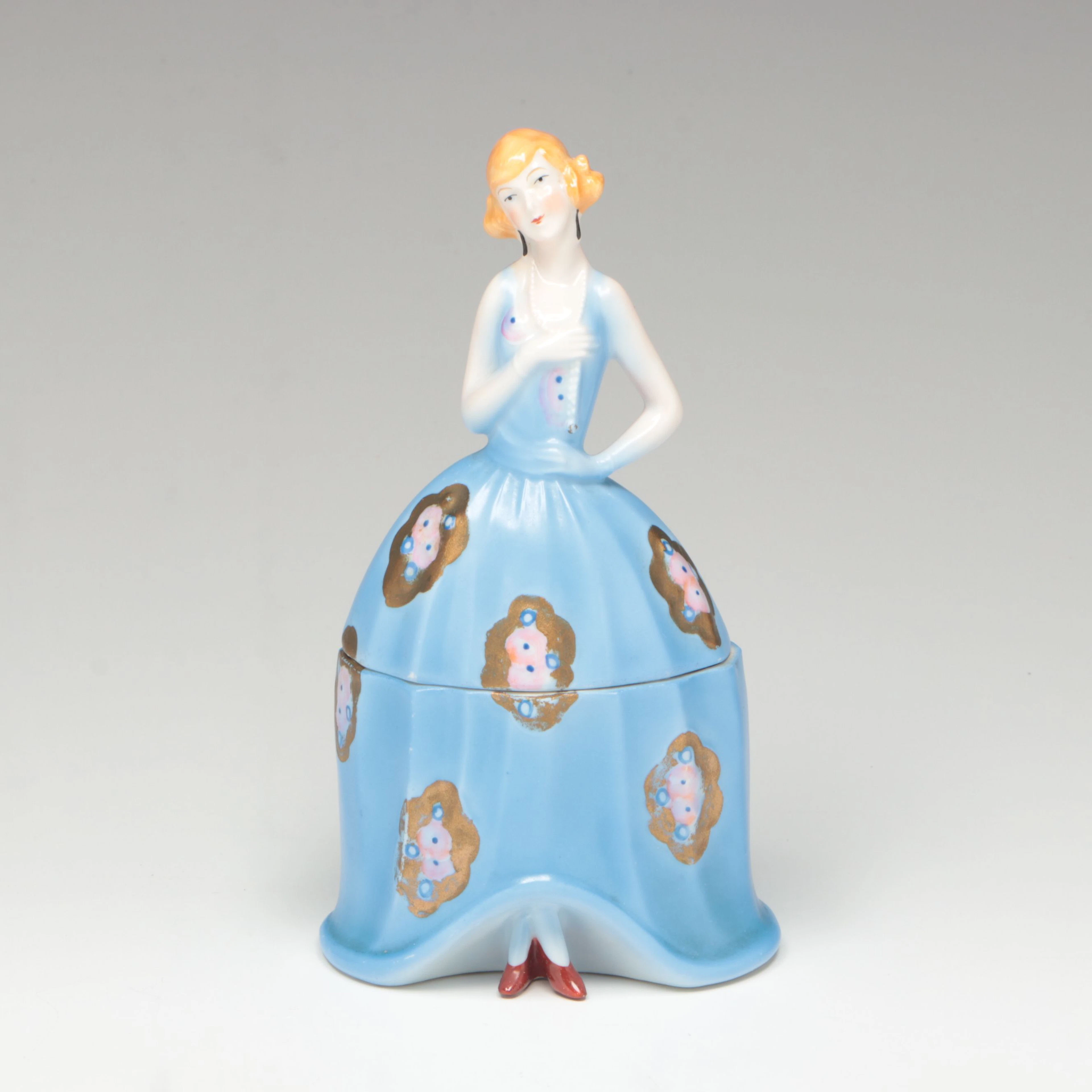 Art Deco German Hand-Painted Half Doll Porcelain Dresser Box