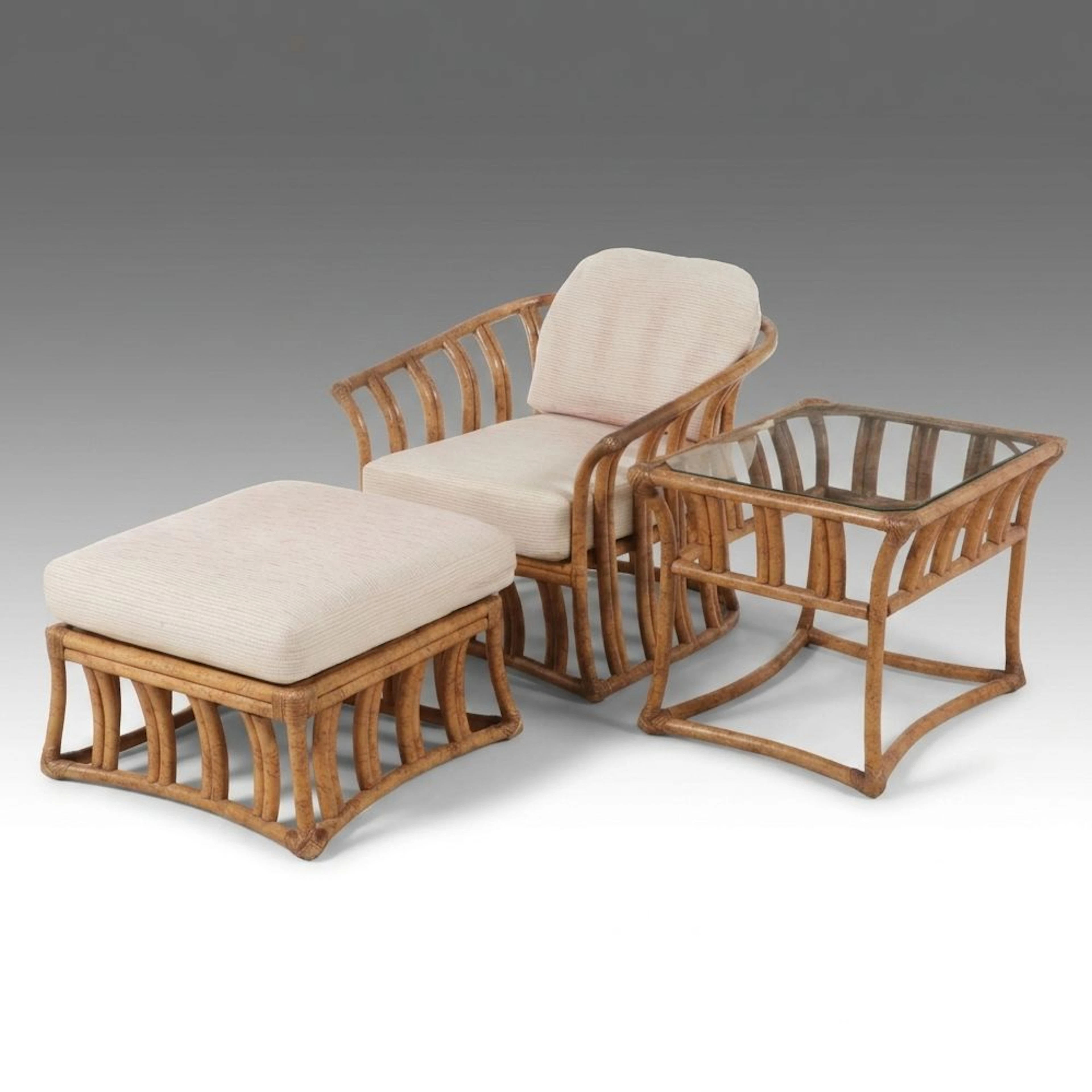 Ficks Reed Bamboo Style Rattan Lounge Chair with Ottoman and Side Table
