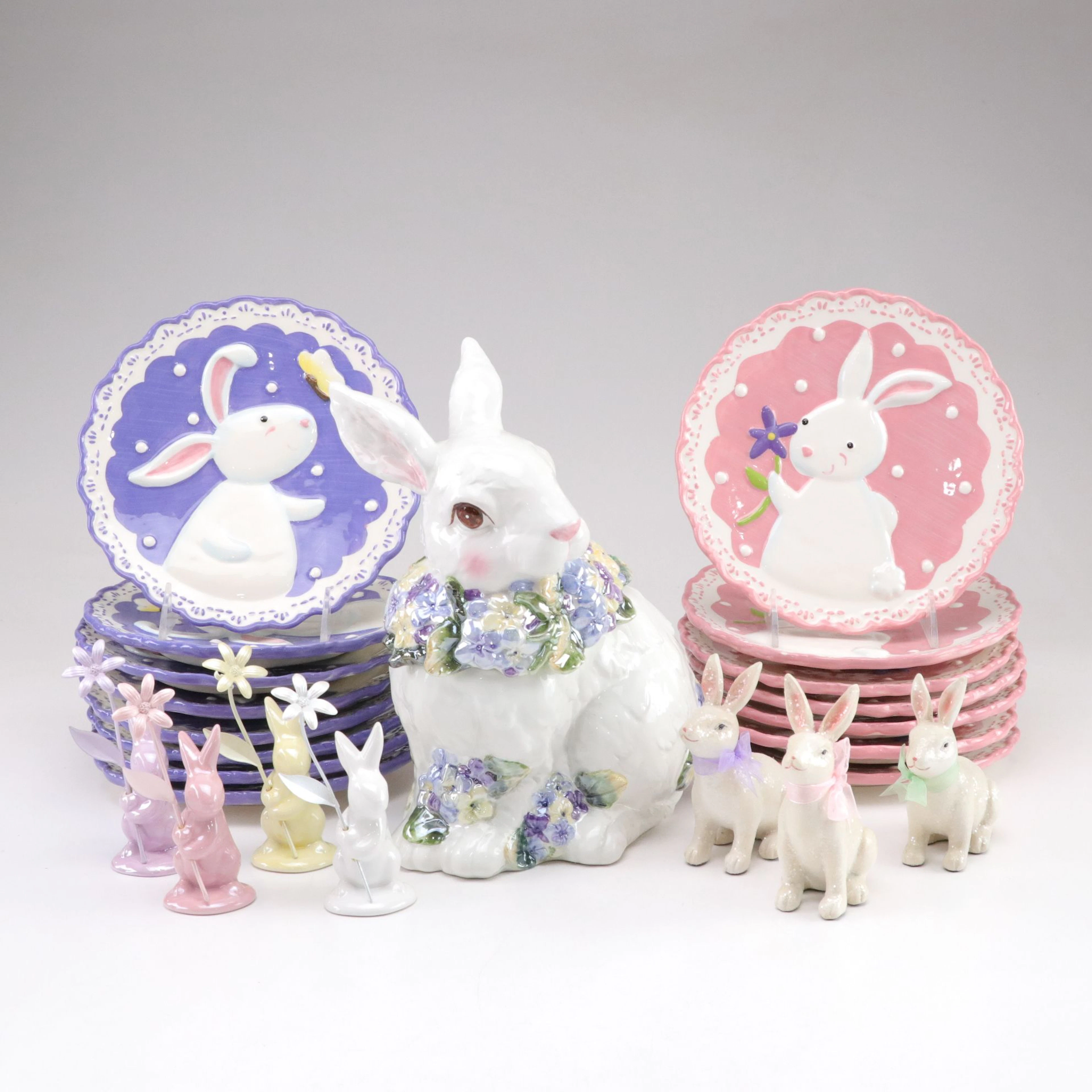 Enesco Ceramic Bunny Cookie Jar with Other Easter Plates & Decorations