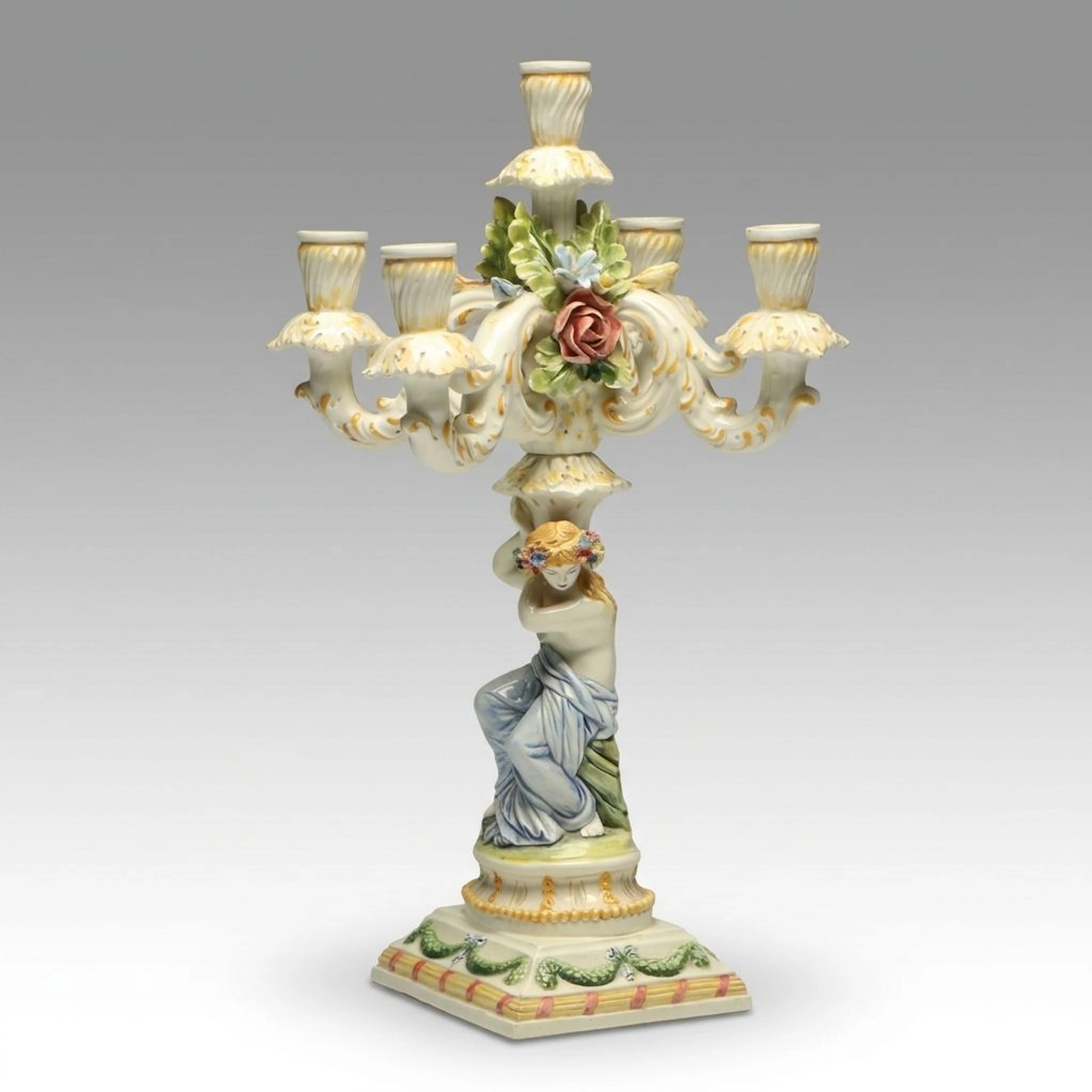 Italian Majolica Capodimonte Style Figural Candelabrum, Mid to Late