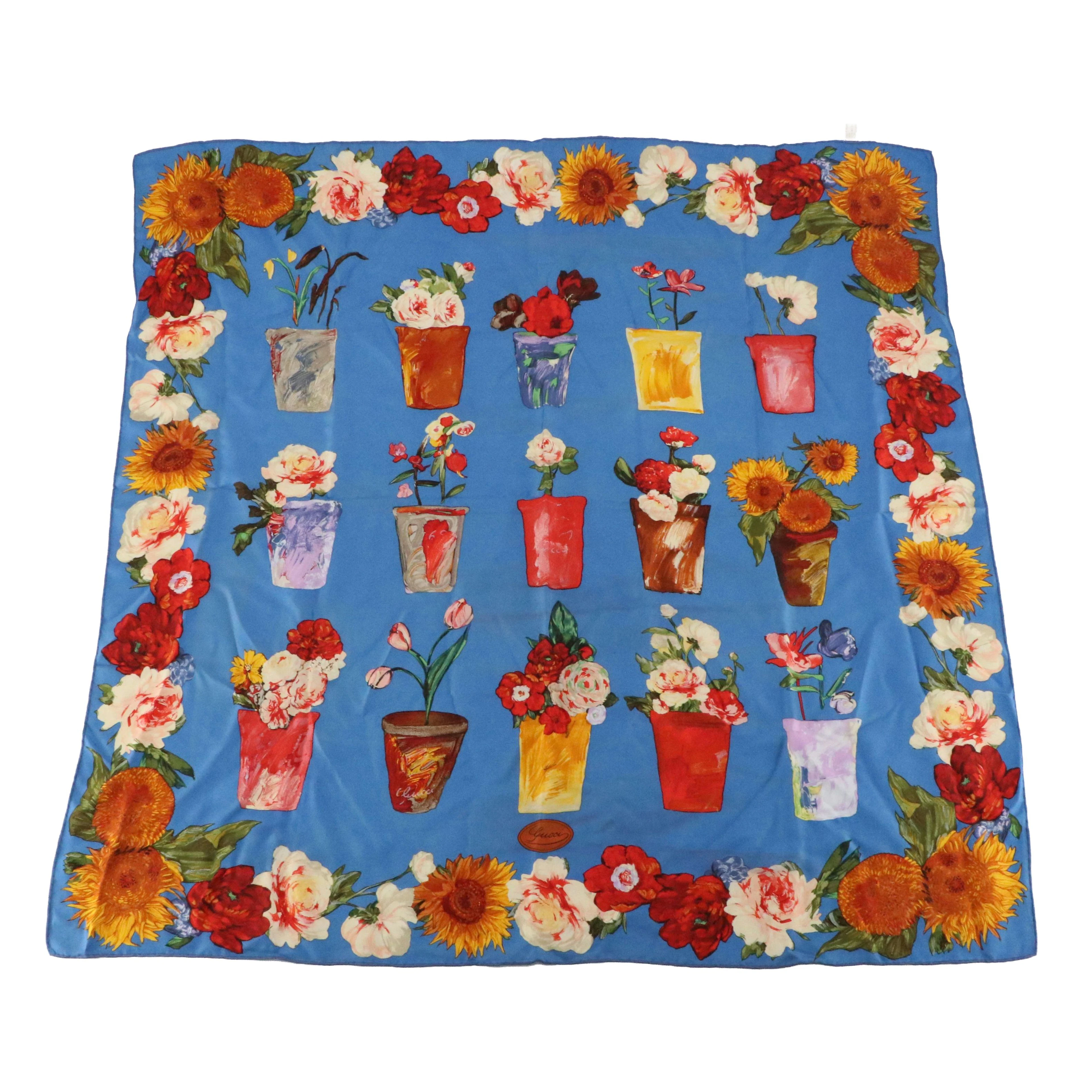 Gucci Multicolor Floral/Flower Pot Print Silk Twill Scarf