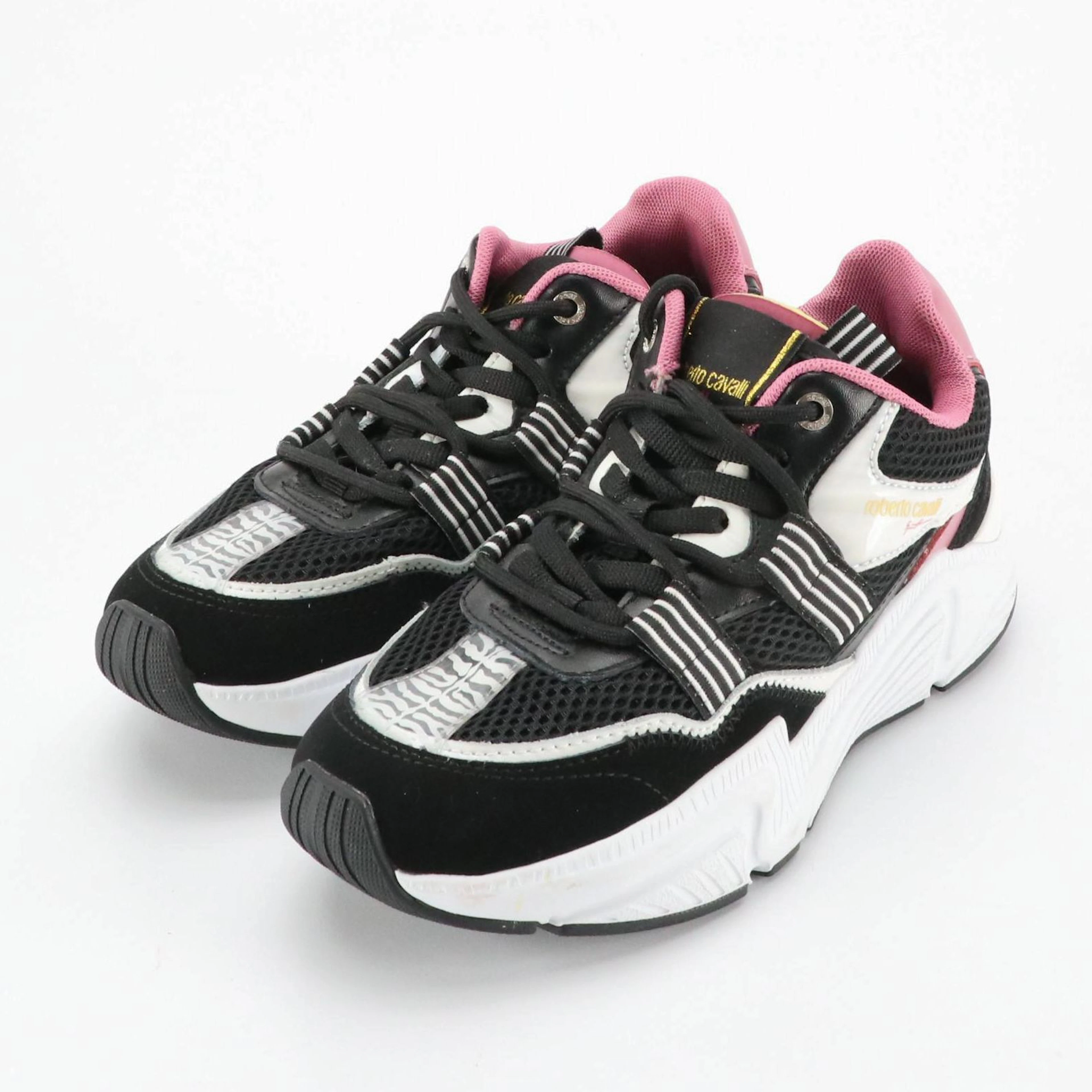 Roberto Cavalli Sport Lace-Up Sneakers in Black/Rose Mesh with Zebra Accents