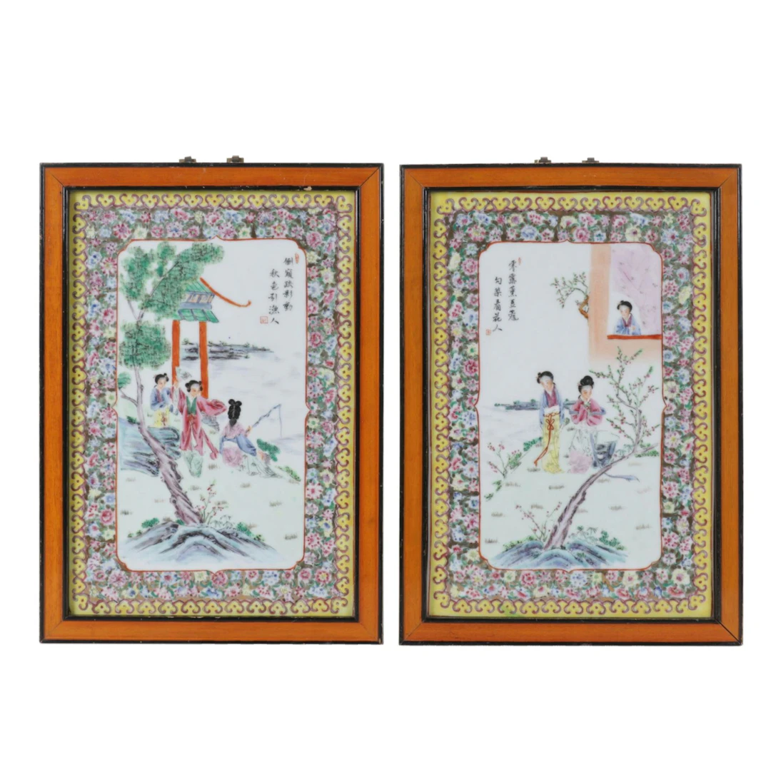 Chinese Hand-Painted Famille Rose Porcelain Tiles
