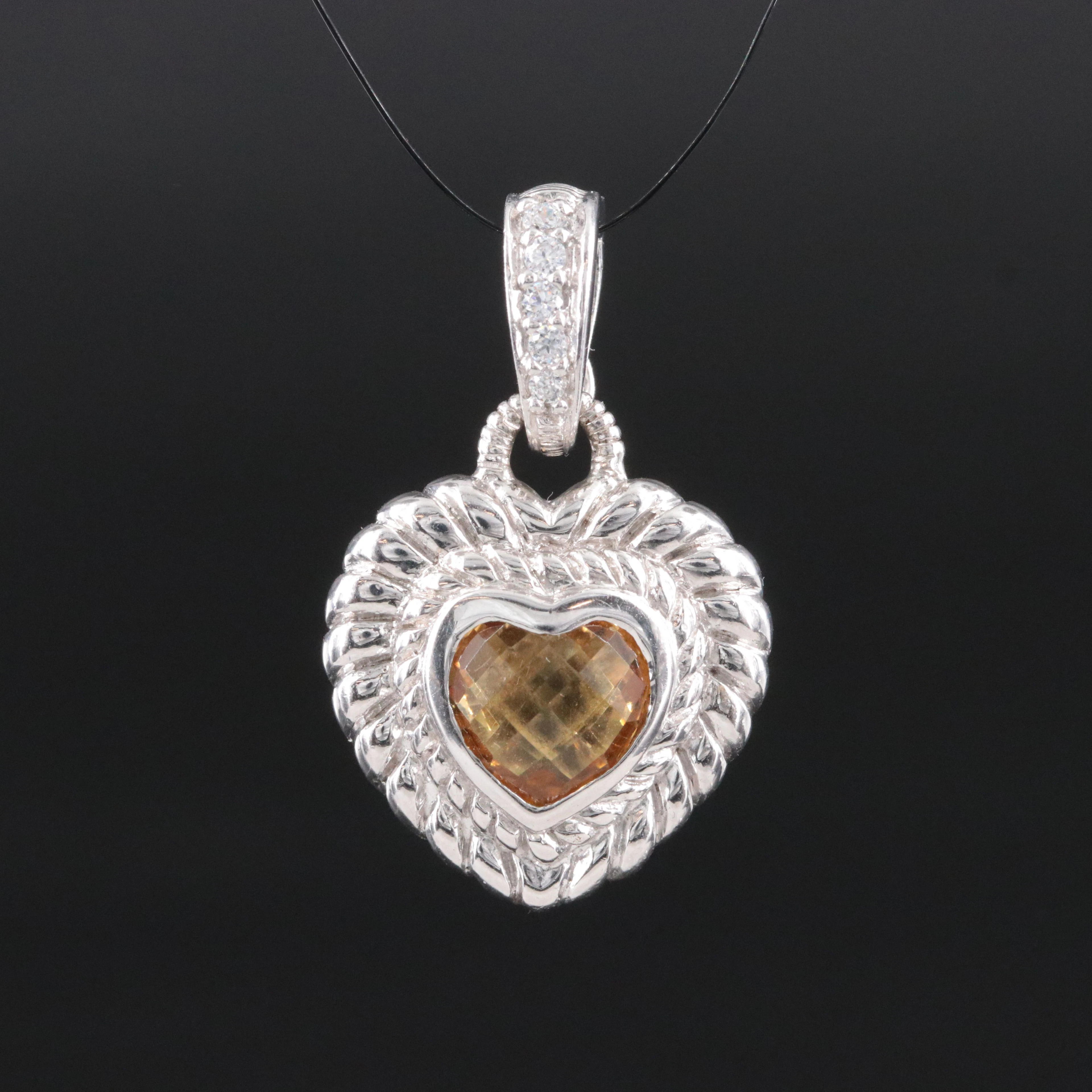 Judith Ripka Sterling Citrine and CZ Heart Enhancer Pendant Necklace