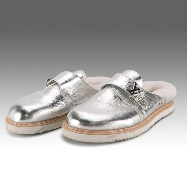 Men's Louis Vuitton LV Silver Metallic Leather Shearling Easy Mules with Box
